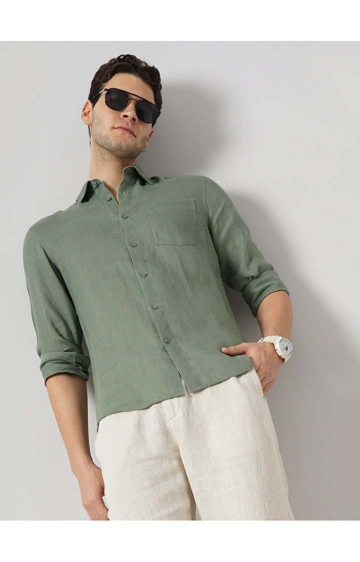 Celio Men Olive Solid Regular Fit Linen Casual Shirt