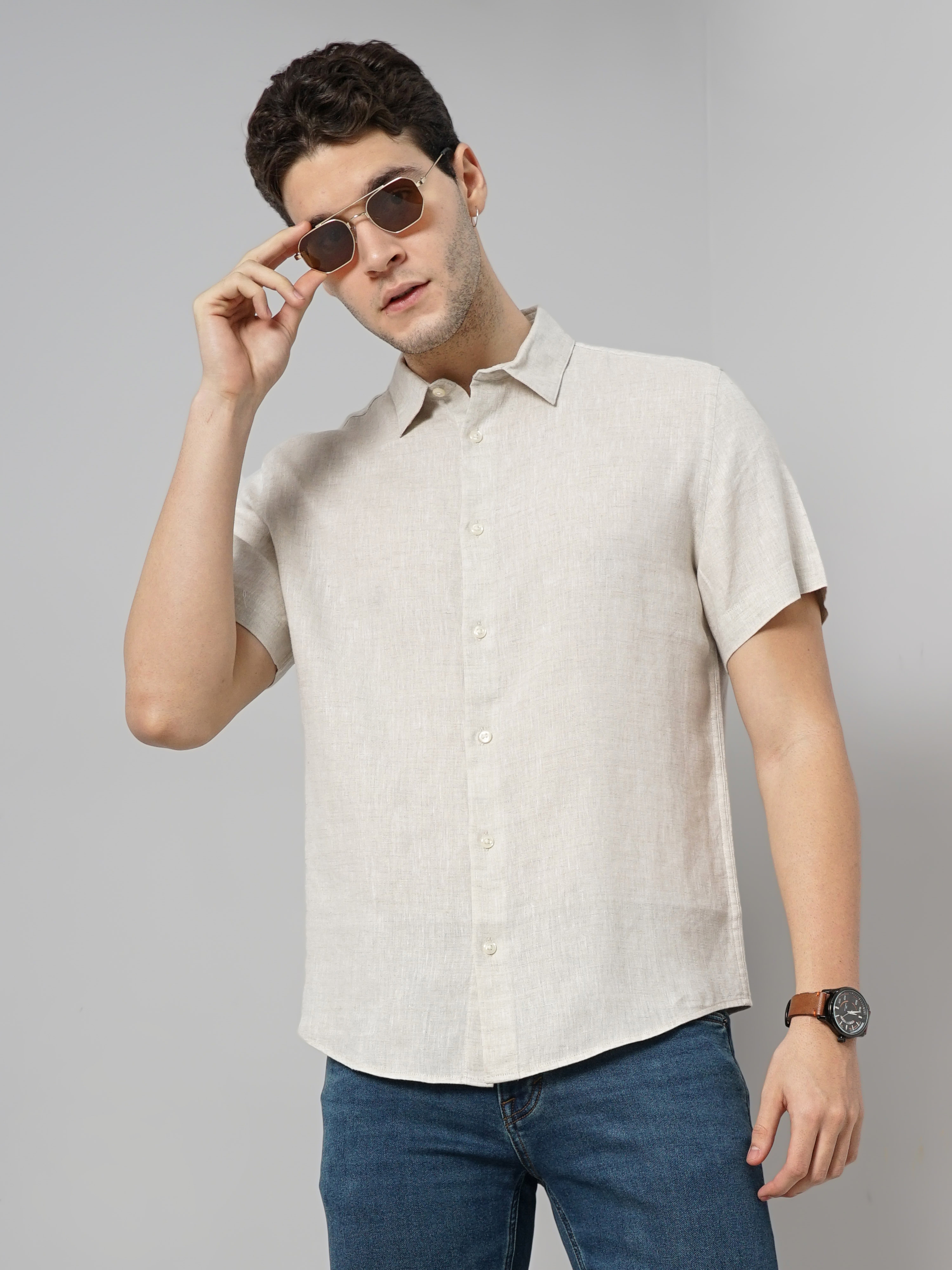 Celio Men Off White Solid Regular Fit Linen Solid Casual Shirt
