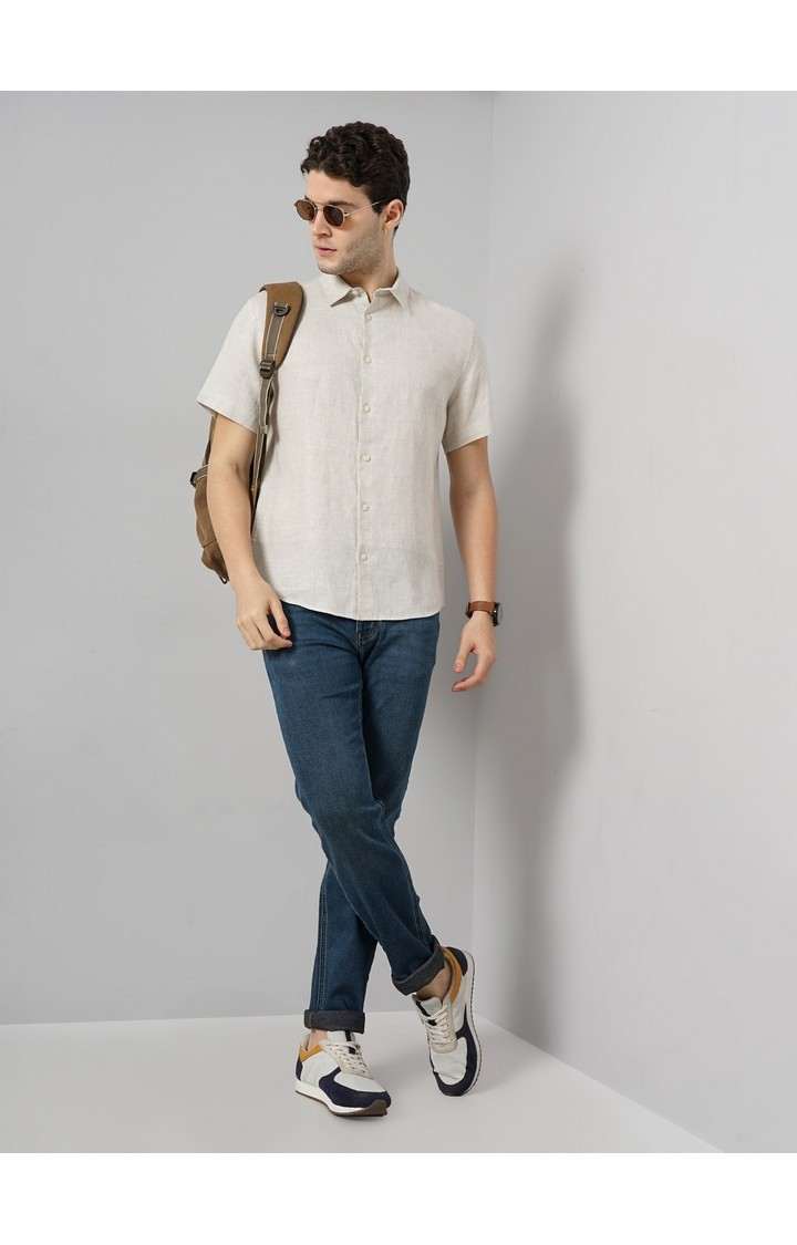 Celio Men Off White Solid Regular Fit Linen Solid Casual Shirt