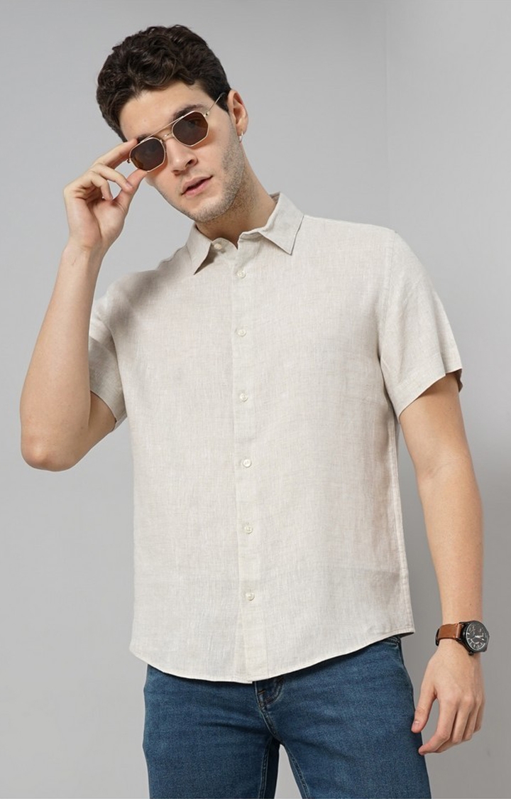 Celio Men Off White Solid Regular Fit Linen Solid Casual Shirt