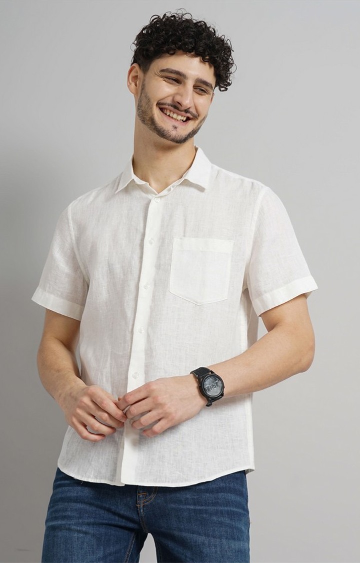 Celio Men White Solid Regular Fit Linen Casual Shirt