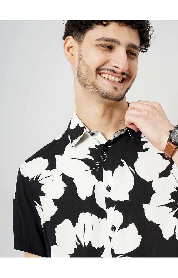 Celio Men's Floral Black Half Sleeve Shirt
