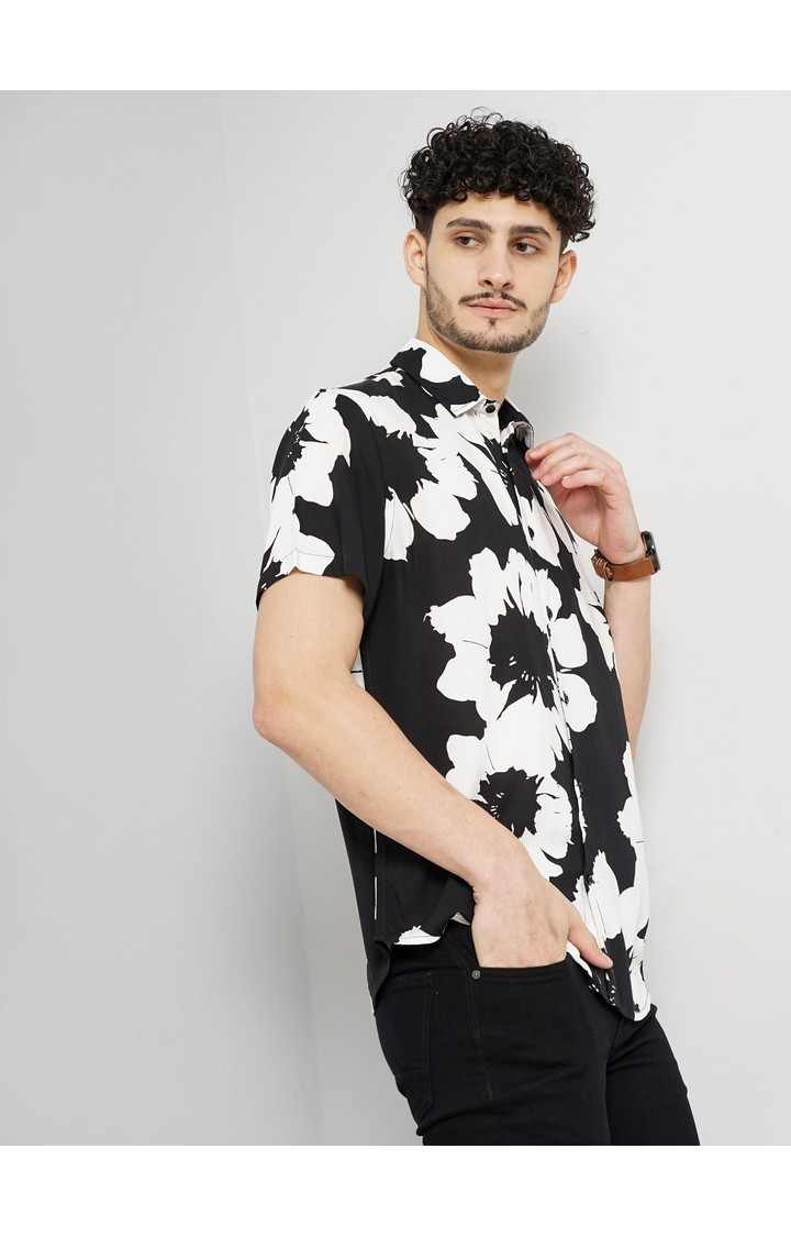 Celio Men's Floral Black Half Sleeve Shirt