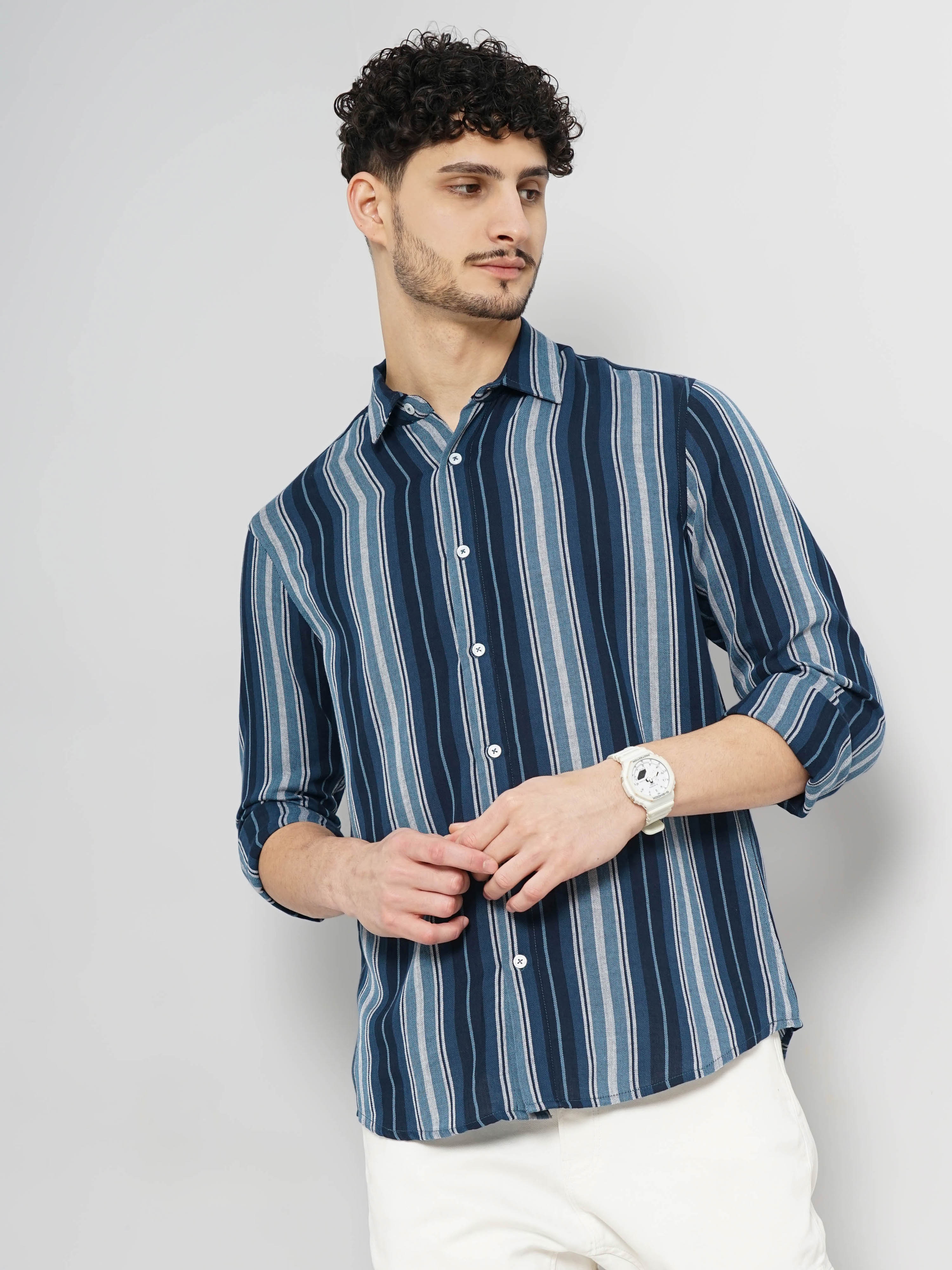 Celio Men Blue Striped Regular Fit Cotton Casual Shirt