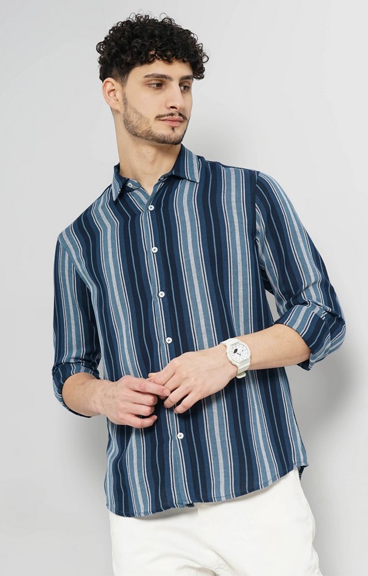 celio | Celio Men Blue Striped Regular Fit Cotton Casual Shirt