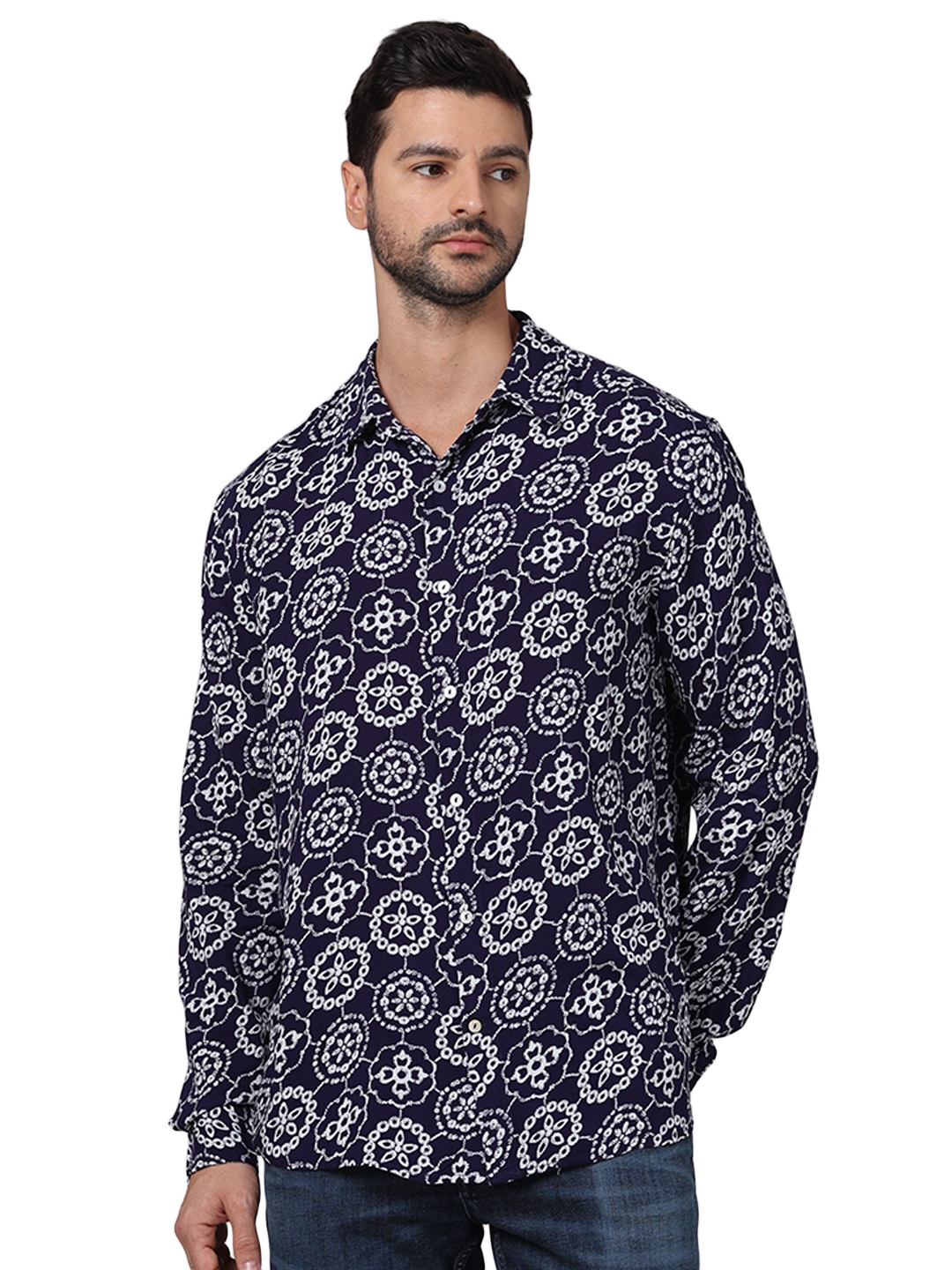 Celio Men Blue Printed Regular Fit Viscose Rayon Soft Touch Casual Shirt