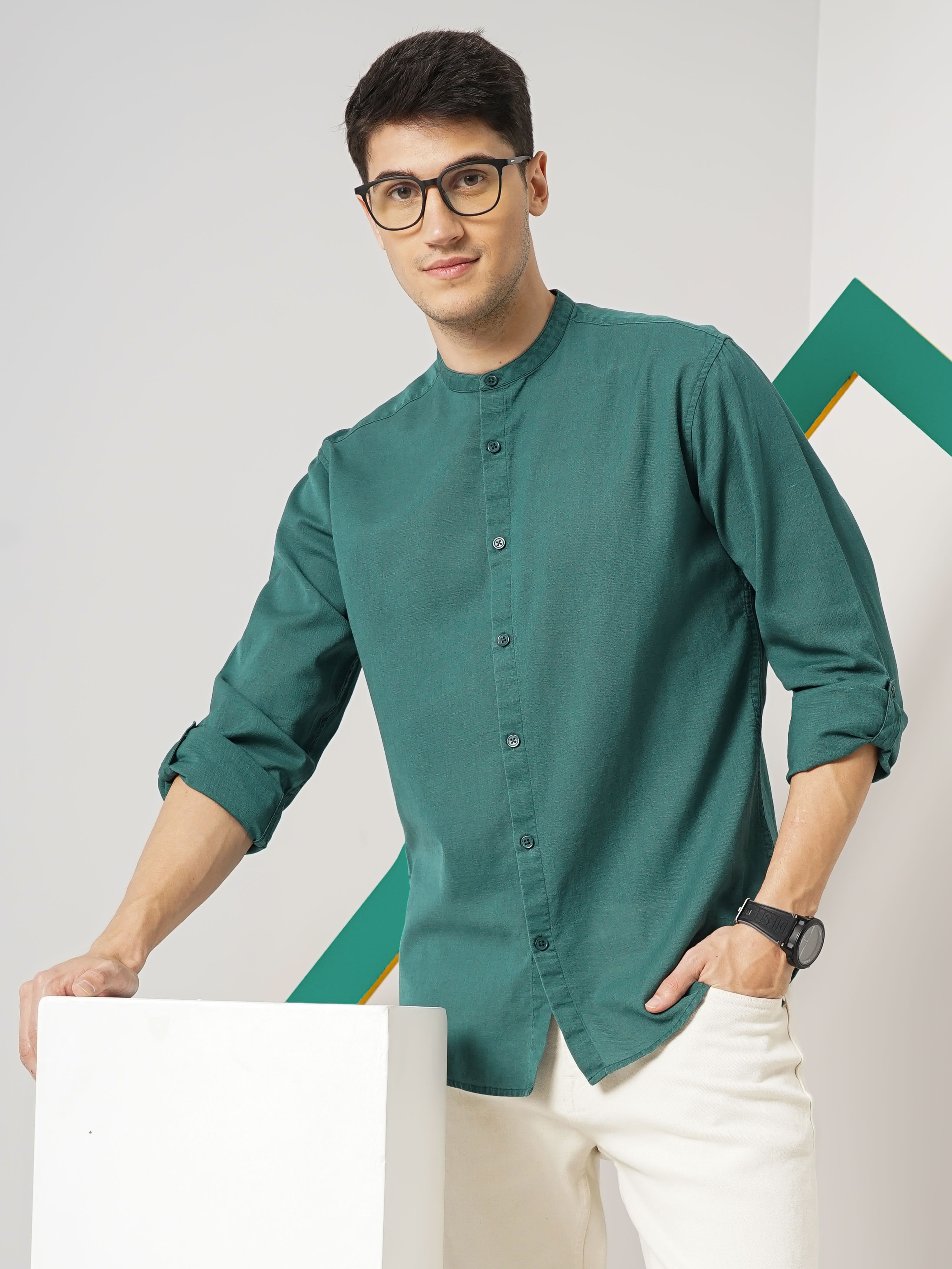 Celio Men Green Solid Regular Fit Cotton Linen Casual Shirt