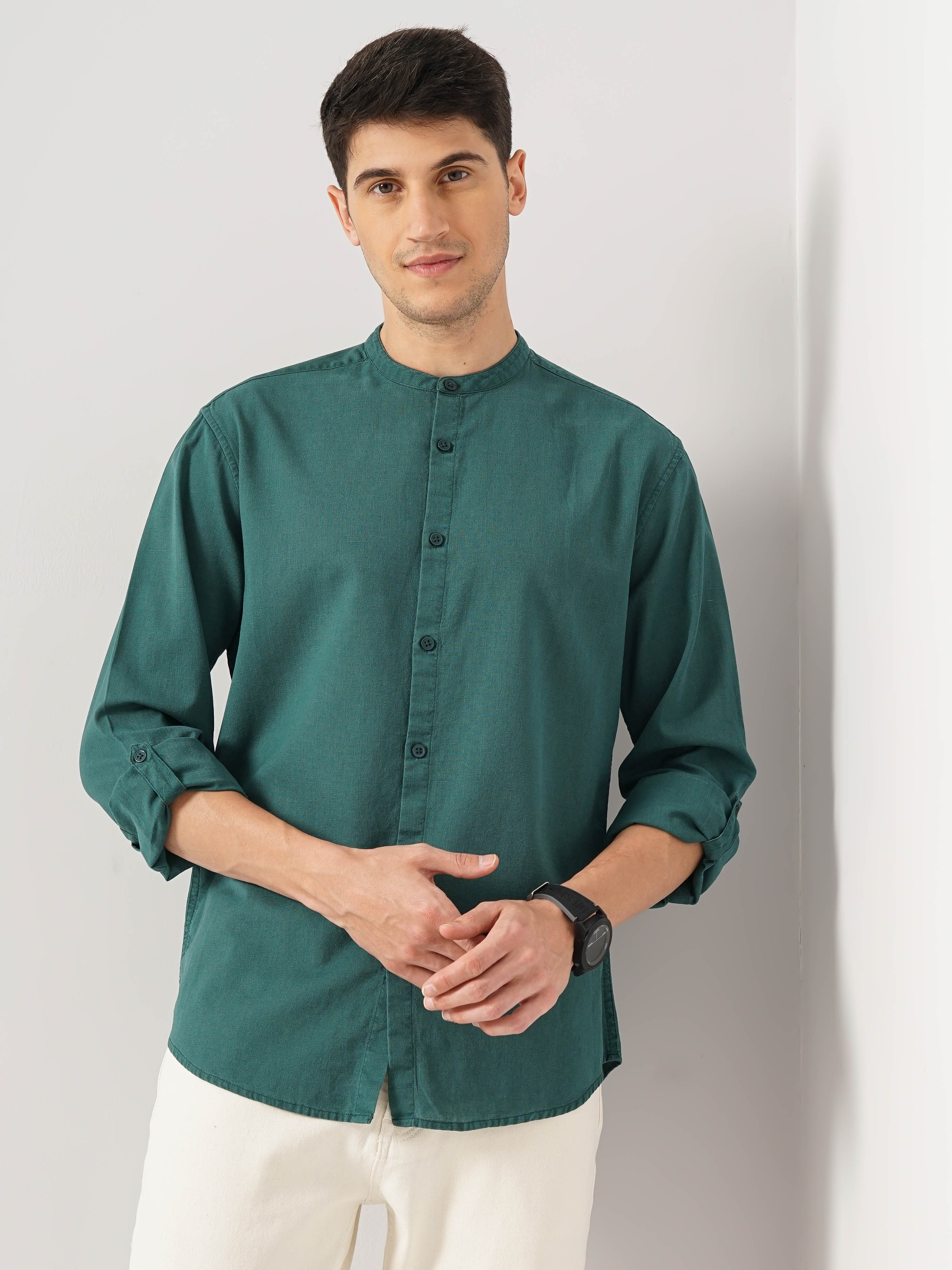 celio | Celio Men Green Solid Regular Fit Cotton Linen Casual Shirt