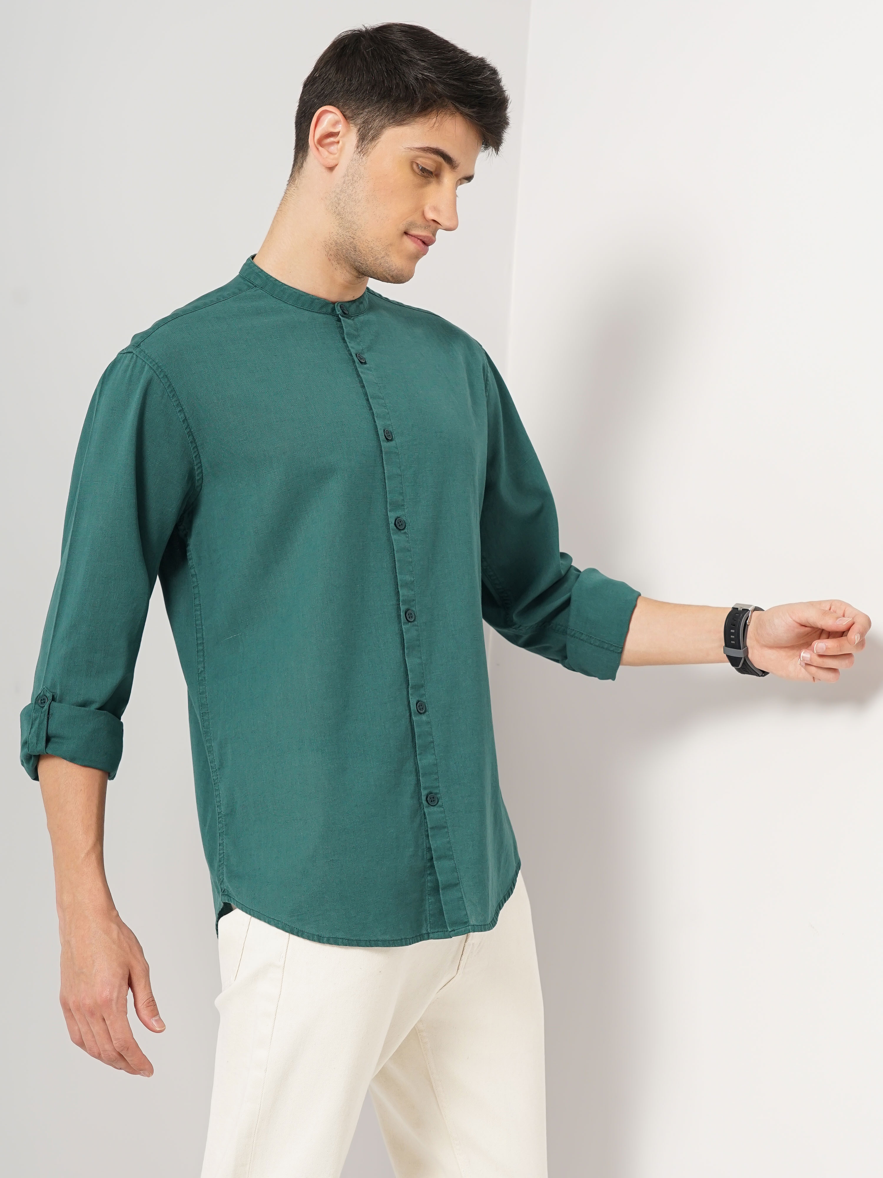 Celio Men Green Solid Regular Fit Cotton Linen Casual Shirt