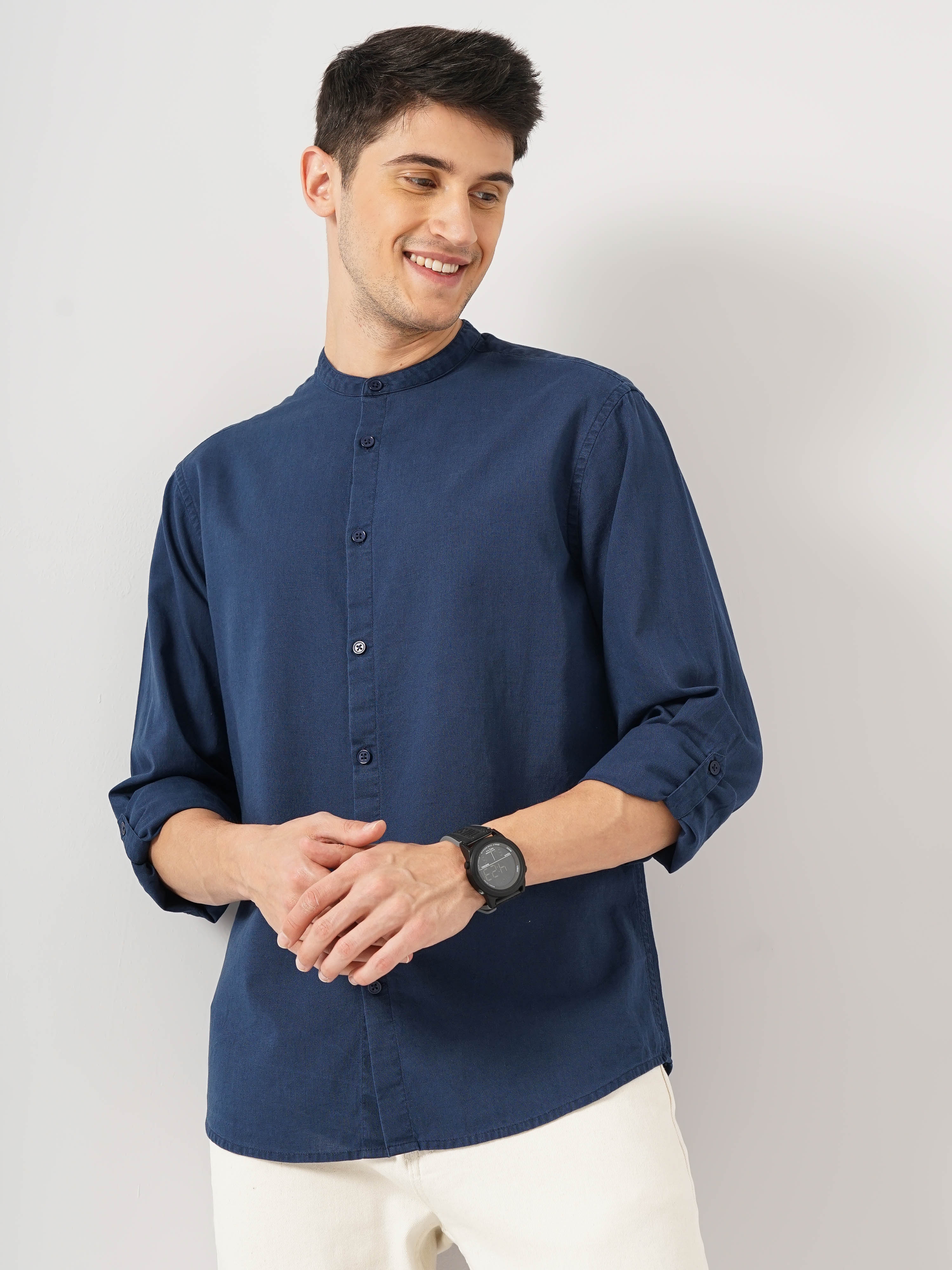 Celio Men Blue Solid Regular Fit Cotton Linen Casual Shirt