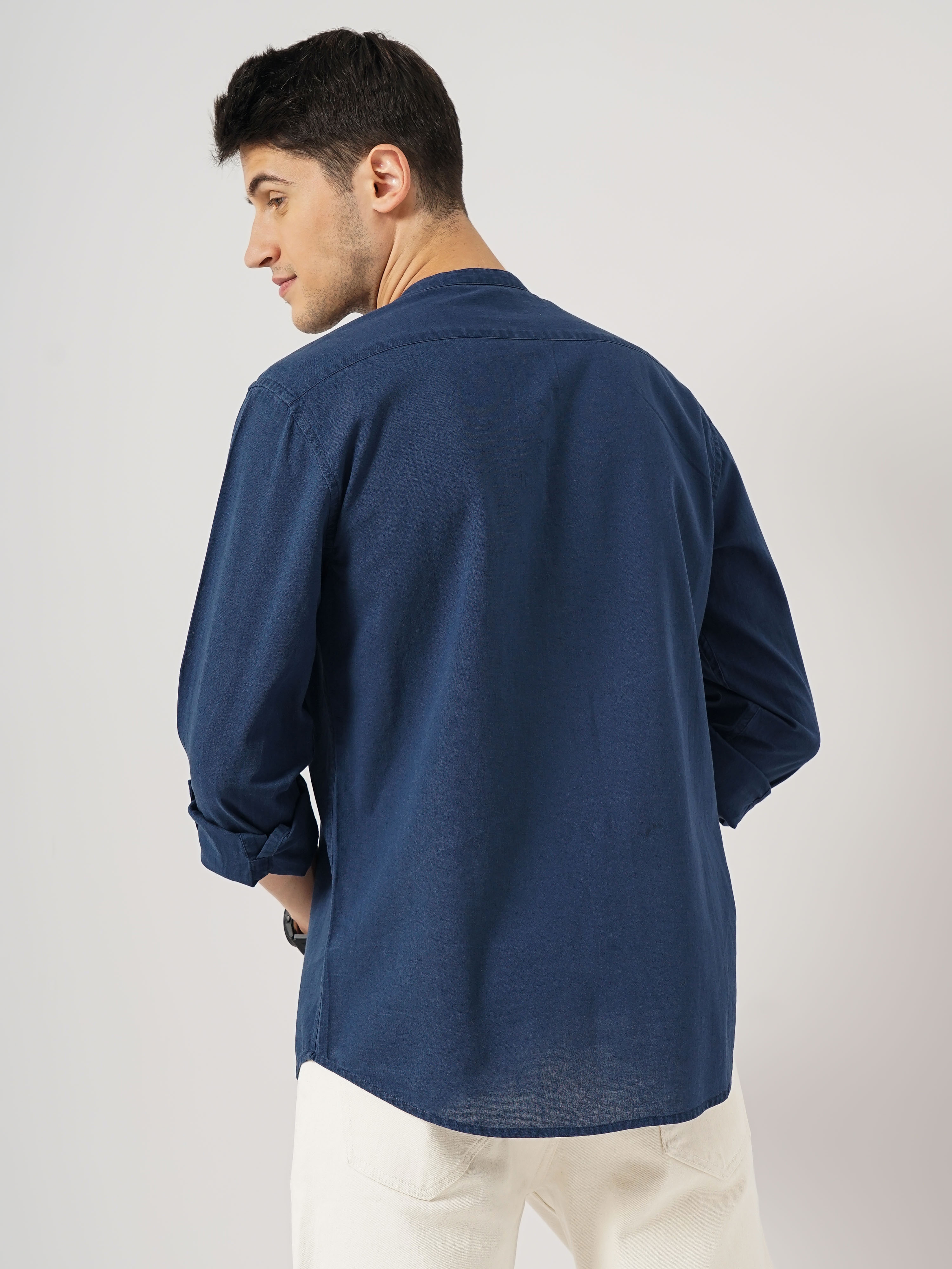 Celio Men Blue Solid Regular Fit Cotton Linen Casual Shirt
