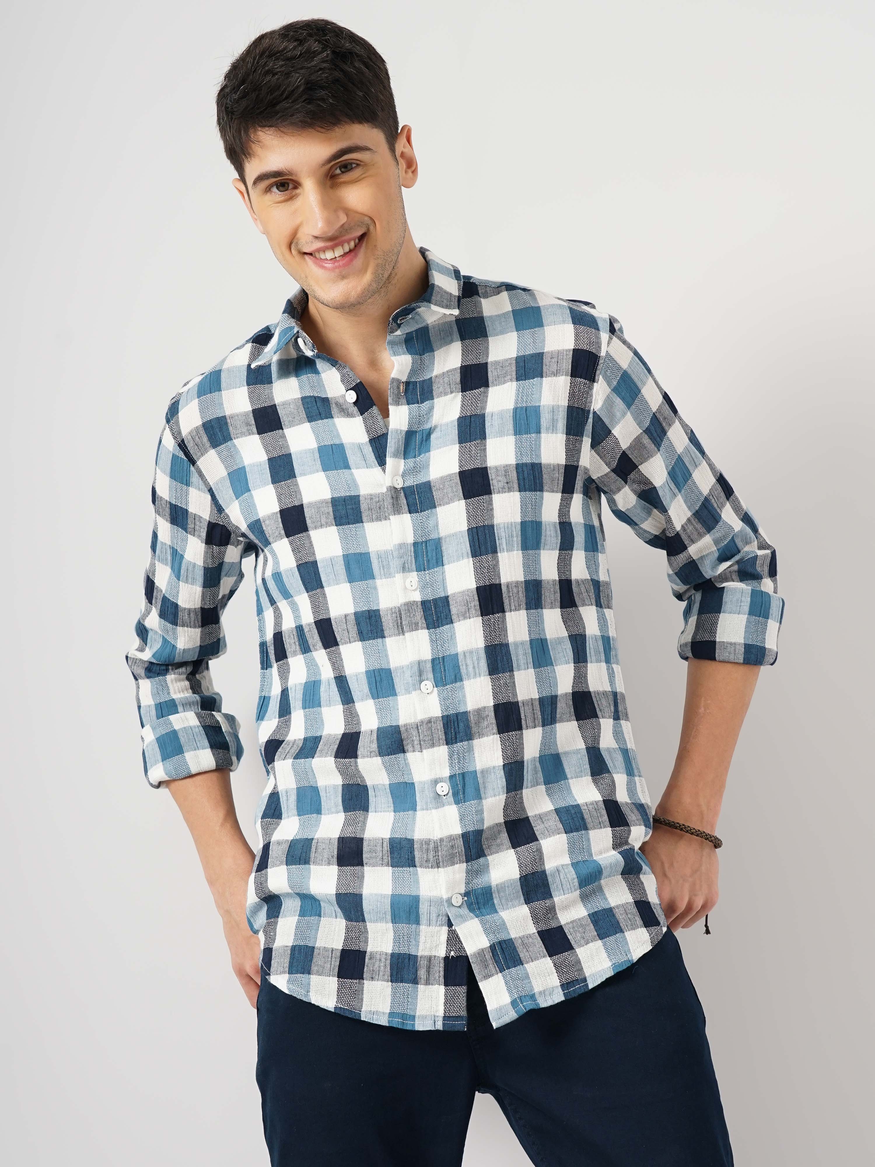 celio | Celio Men Blue Checked Regular Fit Cotton Casual Shirt