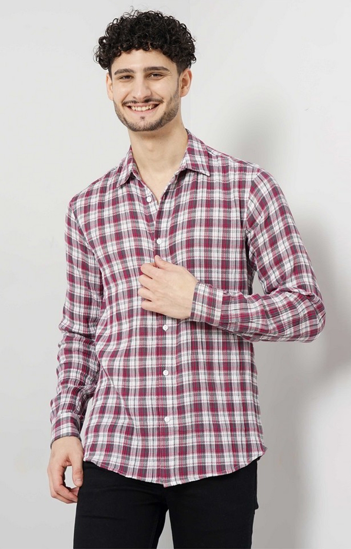 celio | Celio Men Pink Checked Regular Fit Cotton Crinkle Casual Shirt