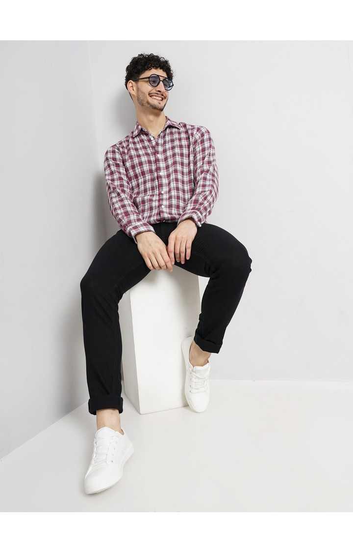 Celio Men Pink Checked Regular Fit Cotton Crinkle Casual Shirt