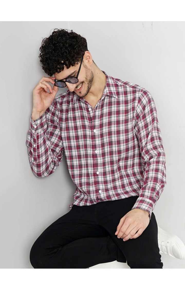 Celio Men Pink Checked Regular Fit Cotton Crinkle Casual Shirt