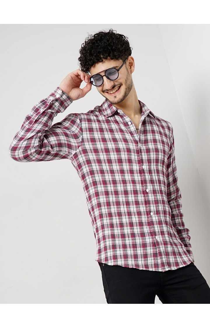 Celio Men Pink Checked Regular Fit Cotton Crinkle Casual Shirt
