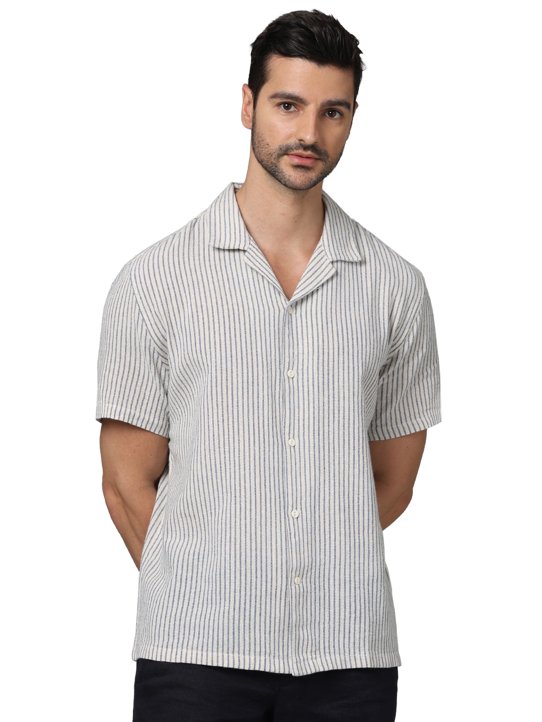 Celio Men Off White Striped Regular Fit Cotton Casual Shirts