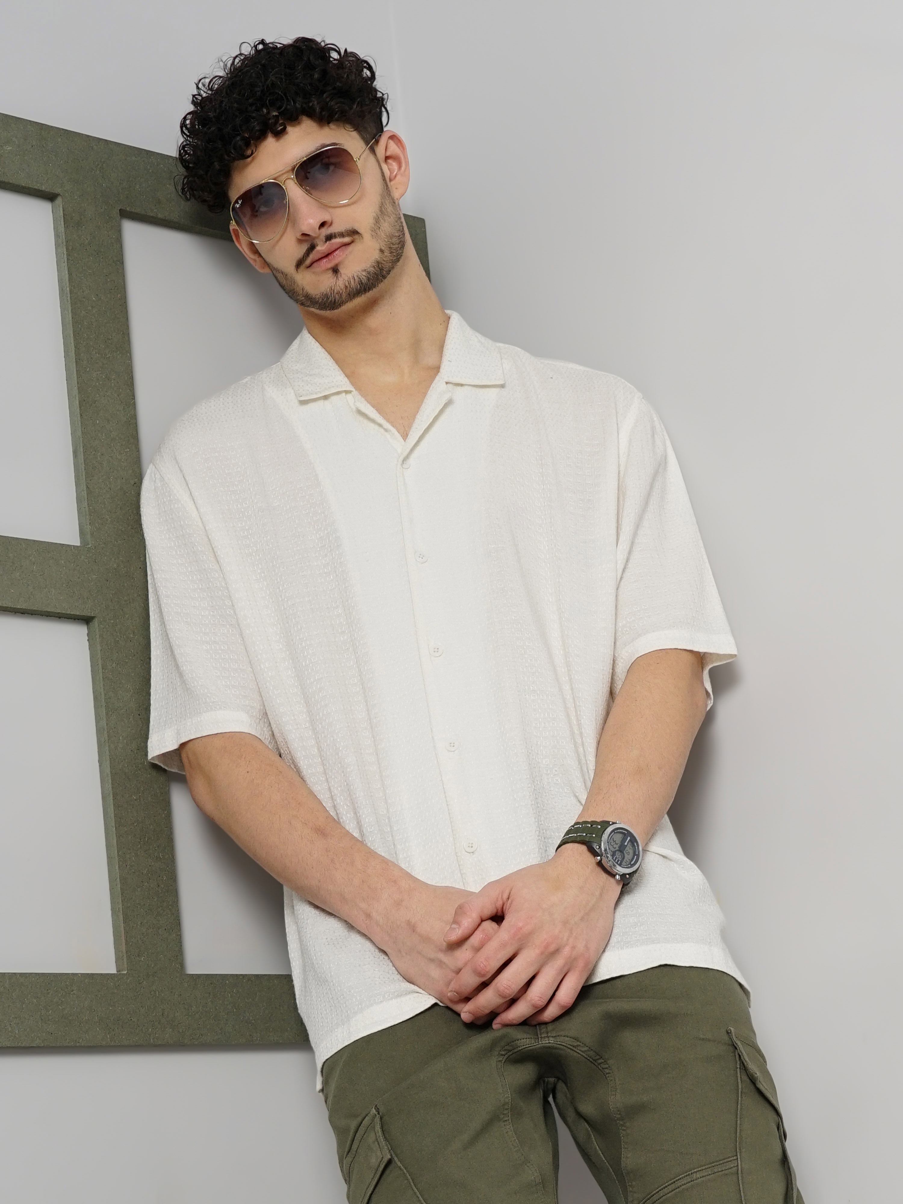 celio | Celio Men Off White Solid Regular Fit Viscose Rayon Dobby Shirt Casual Shirt