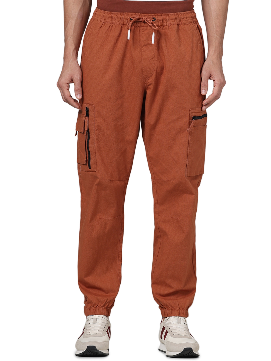 Celio Men Orange Solid Regular Fit Cotton Cargo Trousers