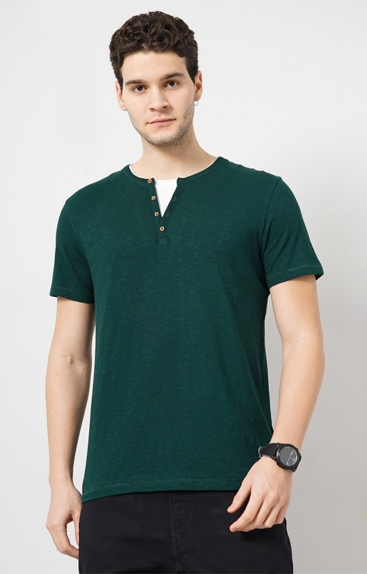celio | Celio Men Green Solid Regular Fit Fashion Cotton Slub Tshirt