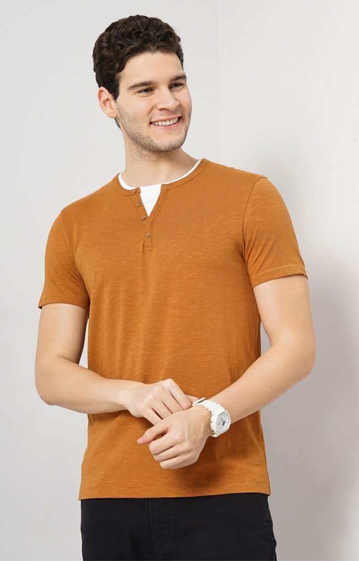 celio | Celio Men Brown Solid Regular Fit Fashion Cotton Slub Tshirt