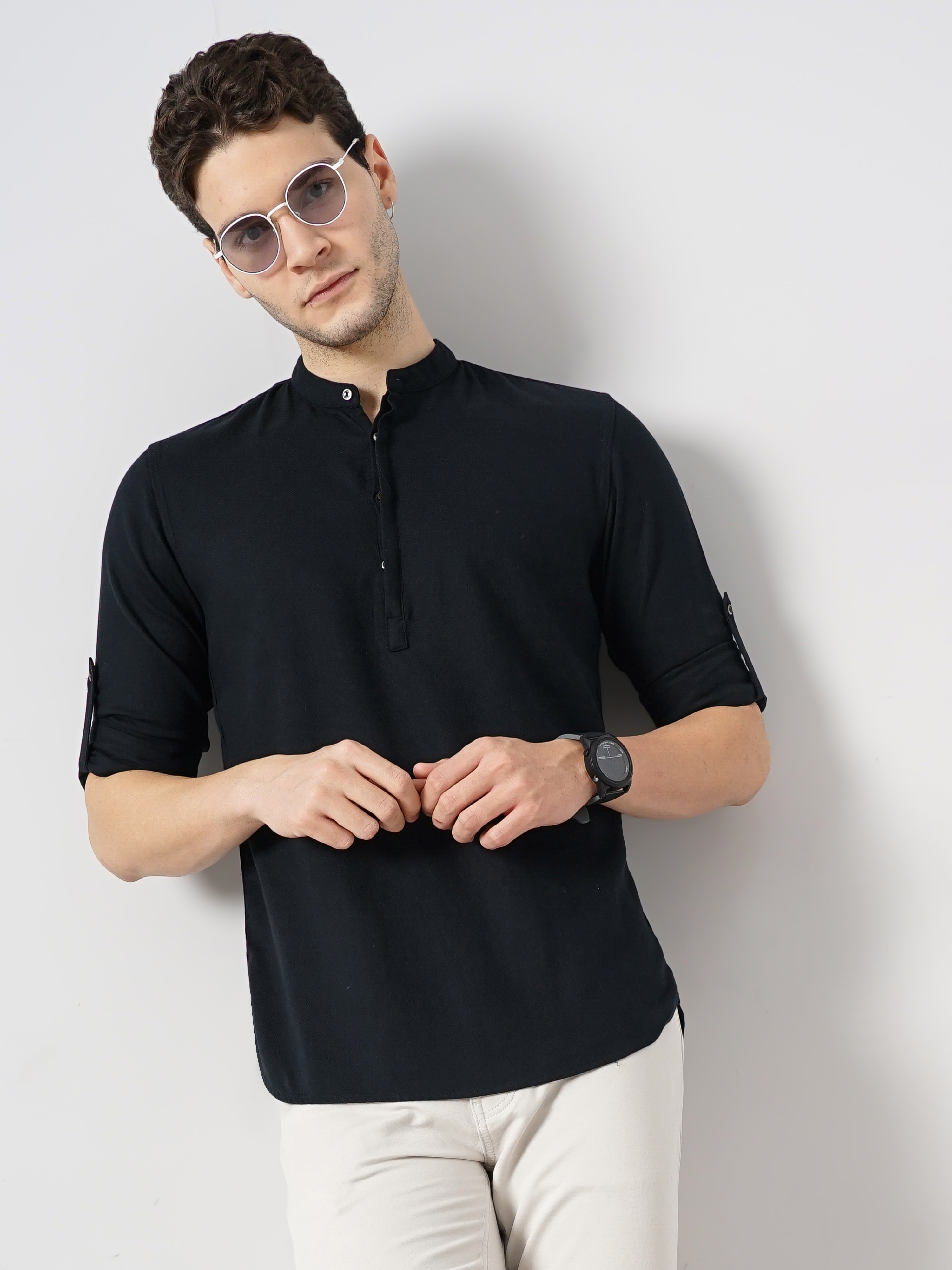 Celio Men Black Solid Regular Fit Cotton Contemporary Shirt