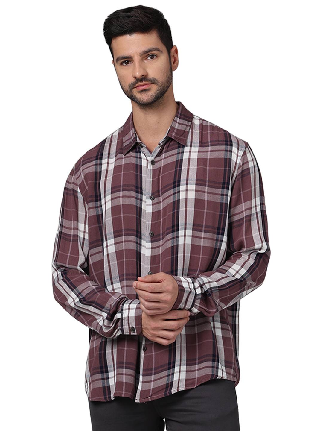 celio | Celio Men Purple Checked Regular Fit Viscose Rayon Soft Touch Casual Shirt