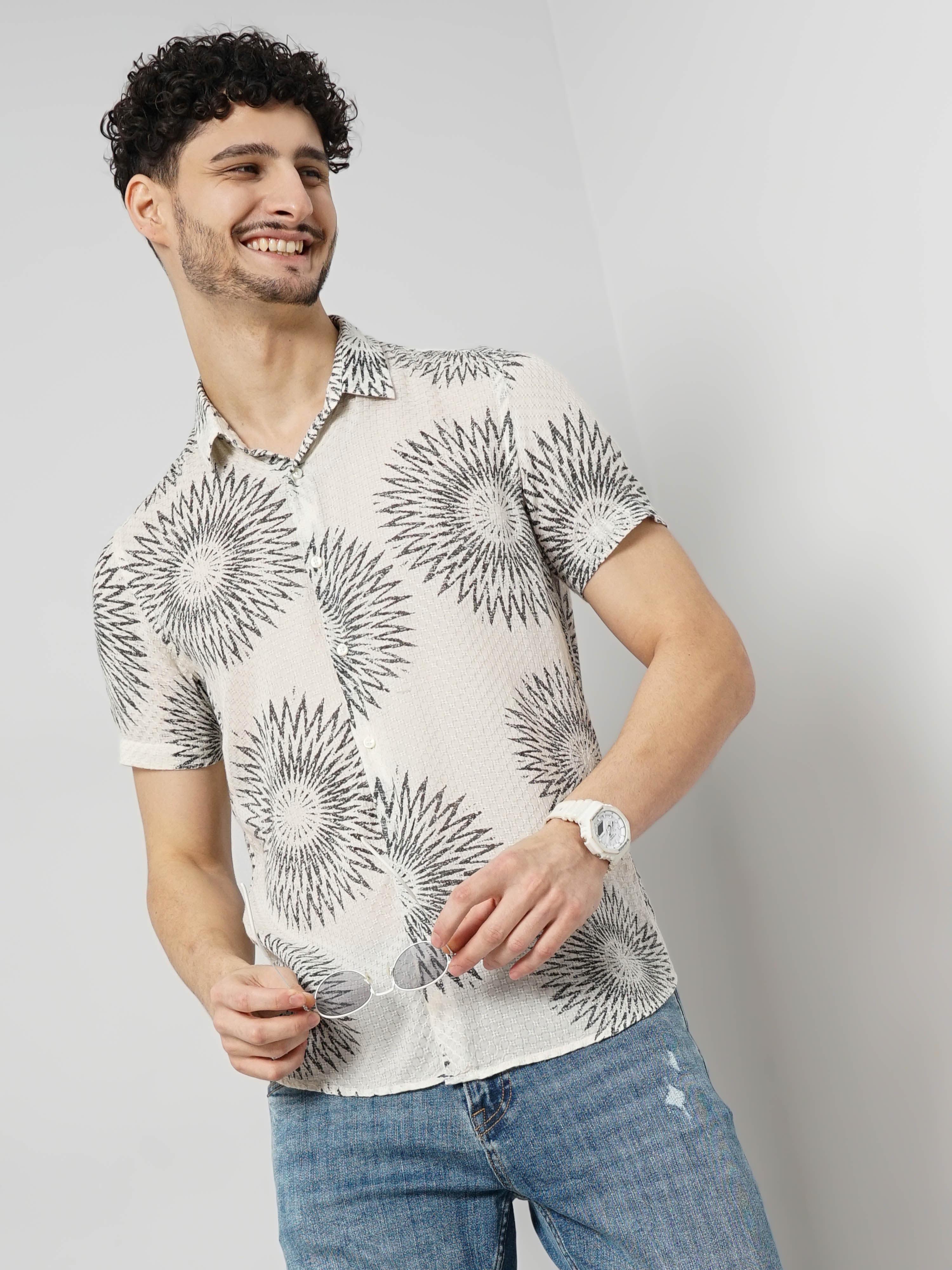 Celio Men Off White Printed Regular Fit Viscose Rayon Casual Shirt