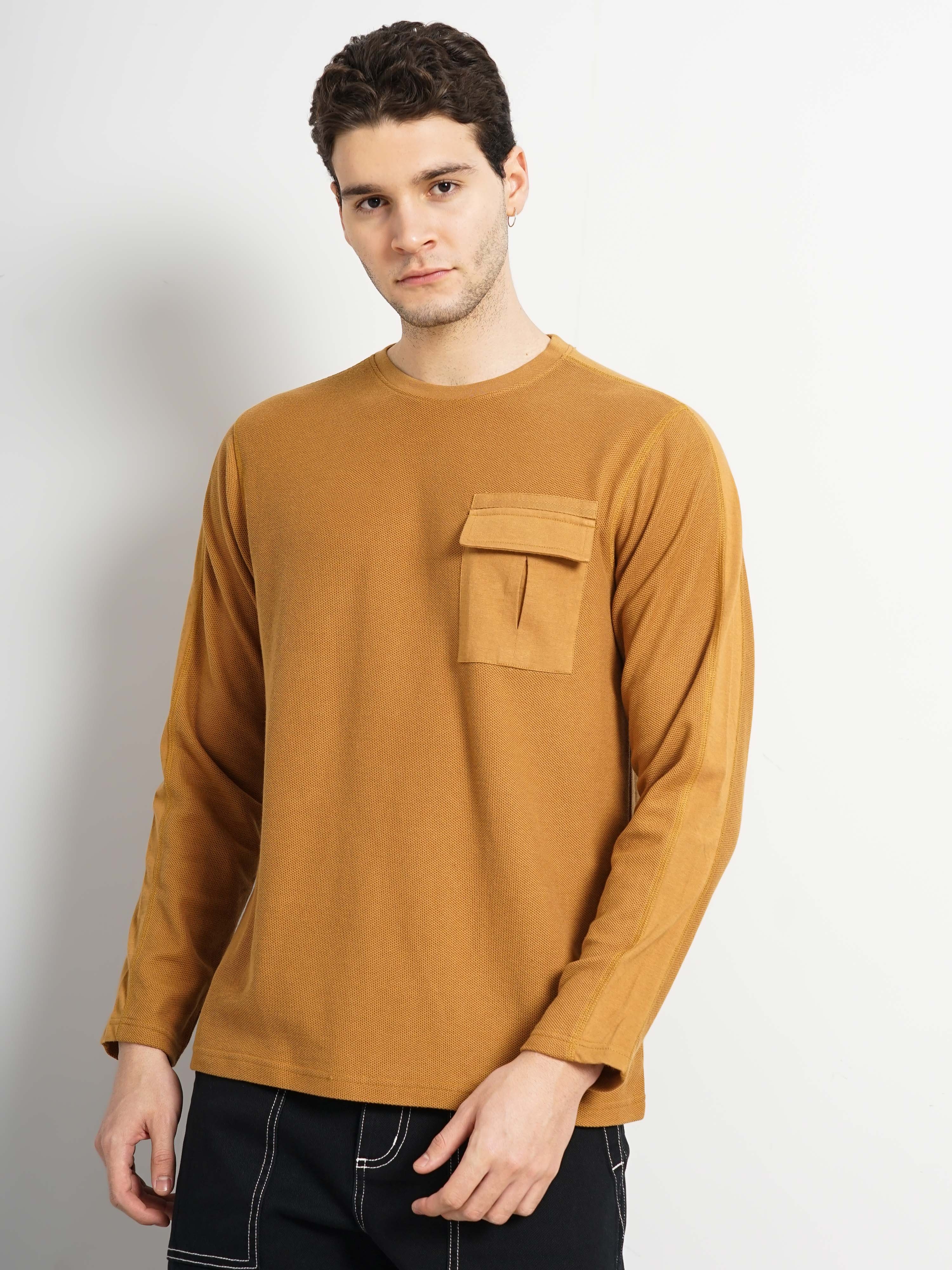 Celio Men Brown Solid Regular Fit Fashion Cotton Textured Tshirt