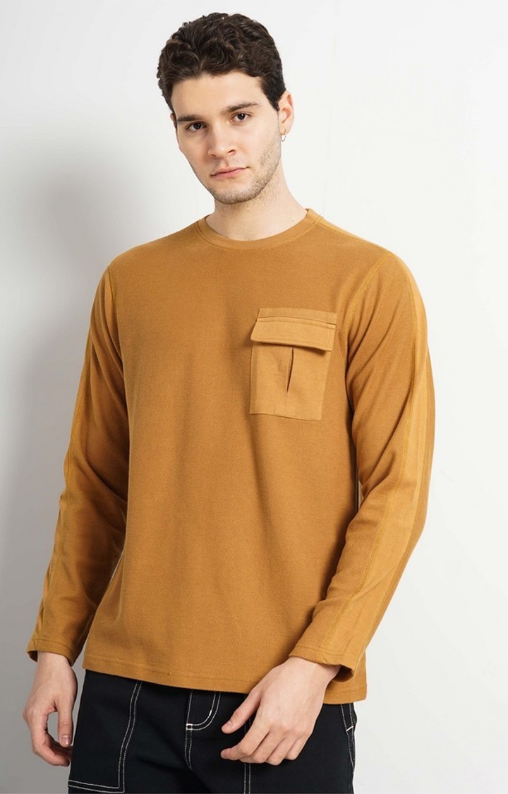 celio | Celio Men Brown Solid Regular Fit Fashion Cotton Textured Tshirt