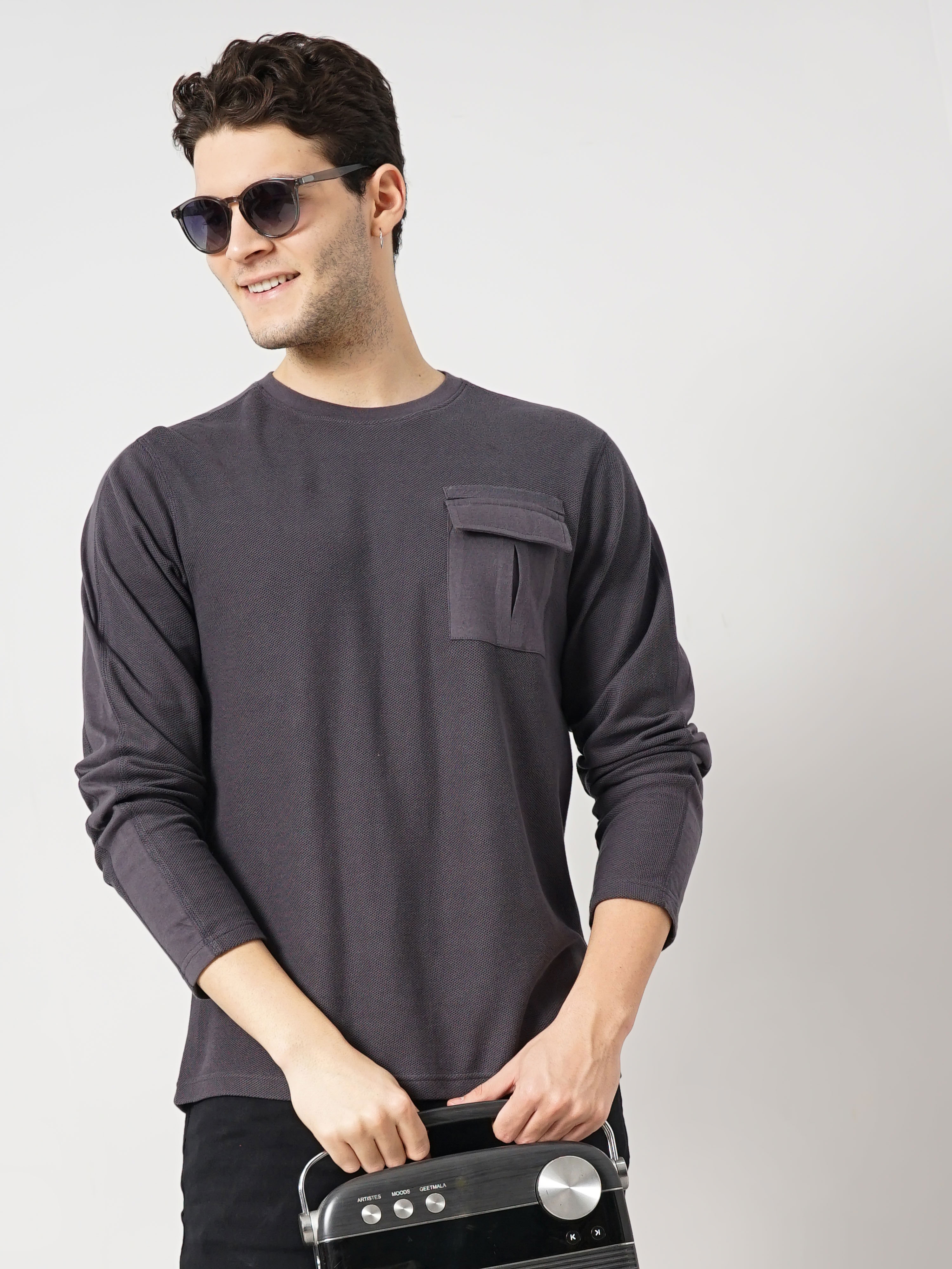 Celio Men Grey Solid Regular Fit Fashion Cotton Textured Tshirt