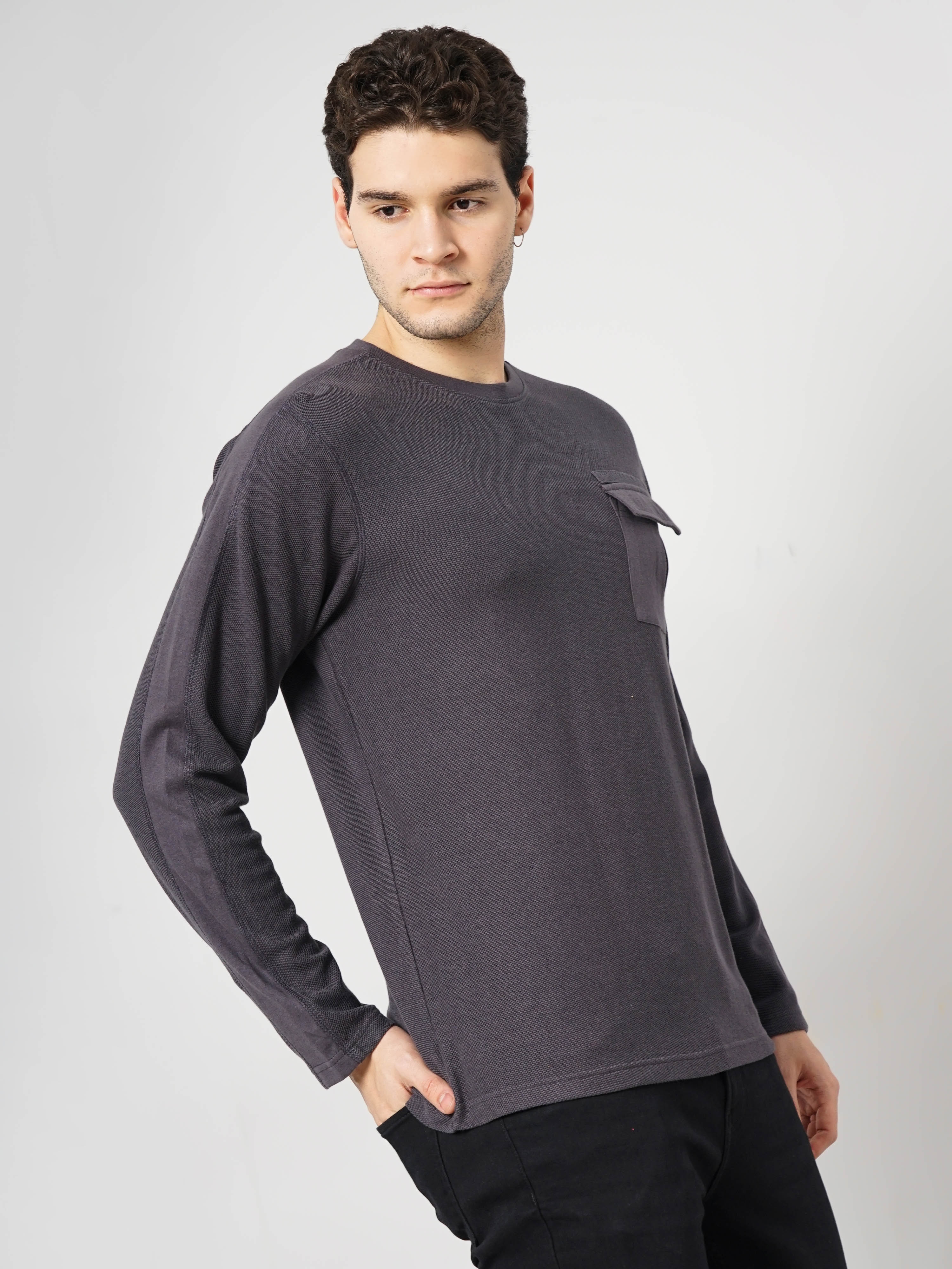 Celio Men Grey Solid Regular Fit Fashion Cotton Textured Tshirt