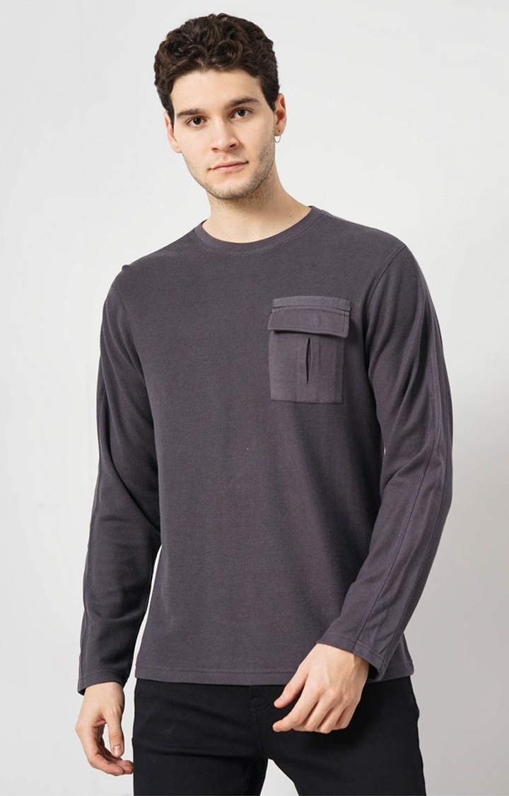 celio | Celio Men Grey Solid Regular Fit Fashion Cotton Textured Tshirt