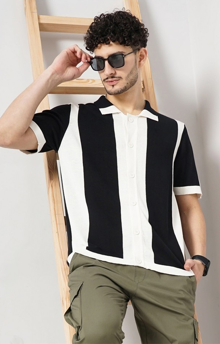 celio | Celio Men Black Colourblocked Regular Fit Cotton Flat Knit Shirt Tshirt