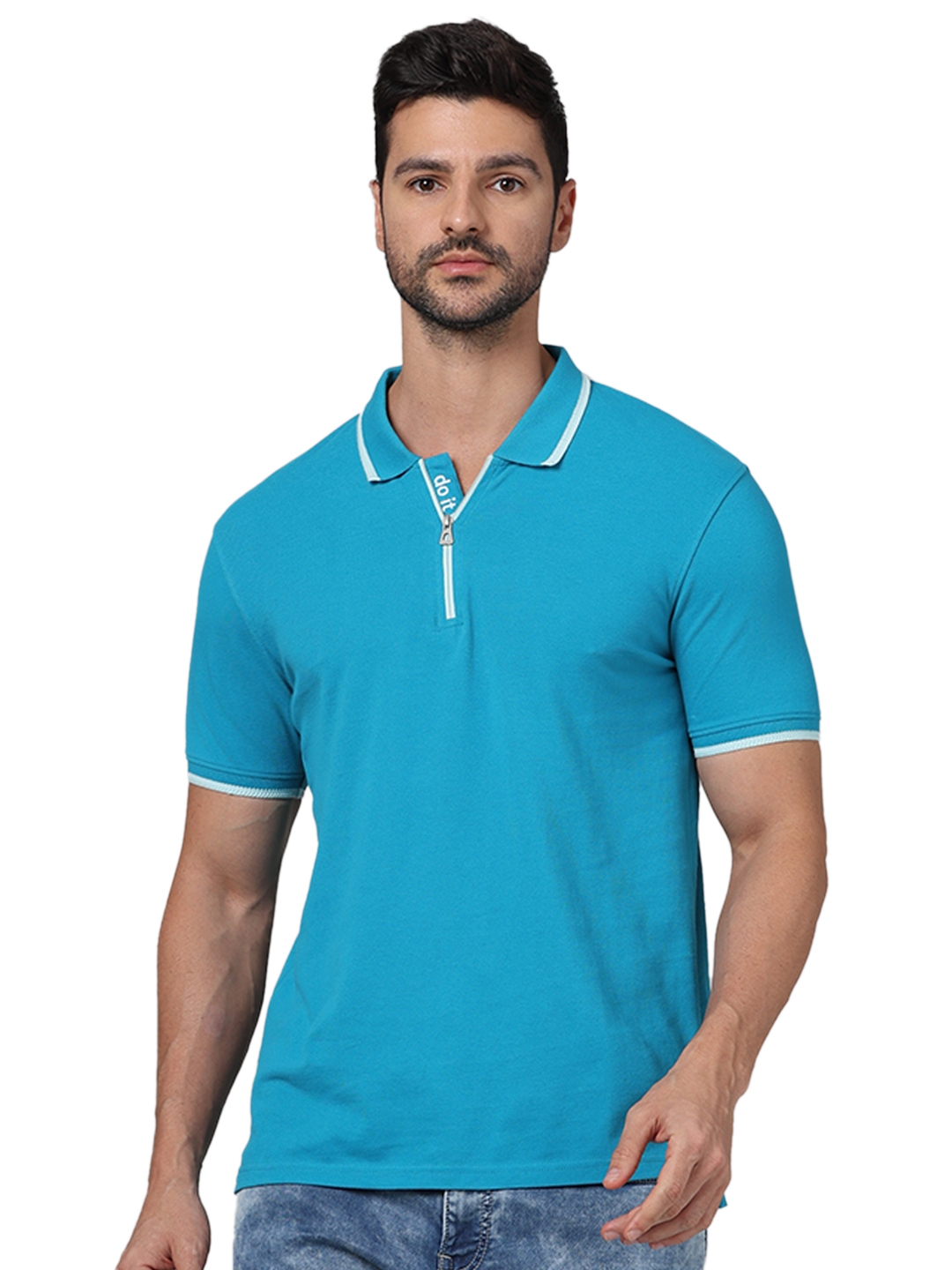 celio | Celio Men Blue Solid Regular Fit Cotton Fashion Polo Tshirt