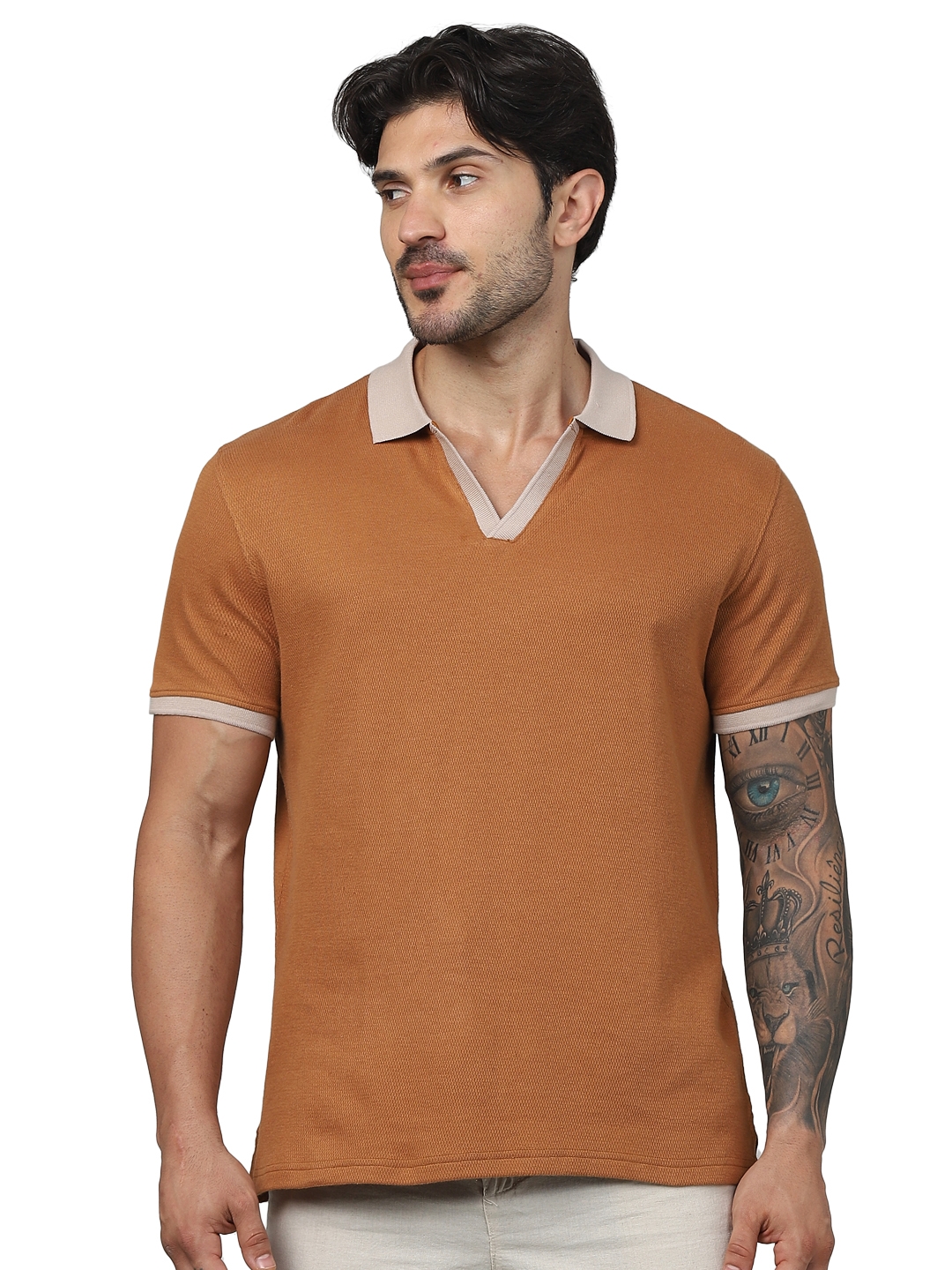 Celio Men Brown Solid Regular Fit Cotton Fashion Polo Tshirts