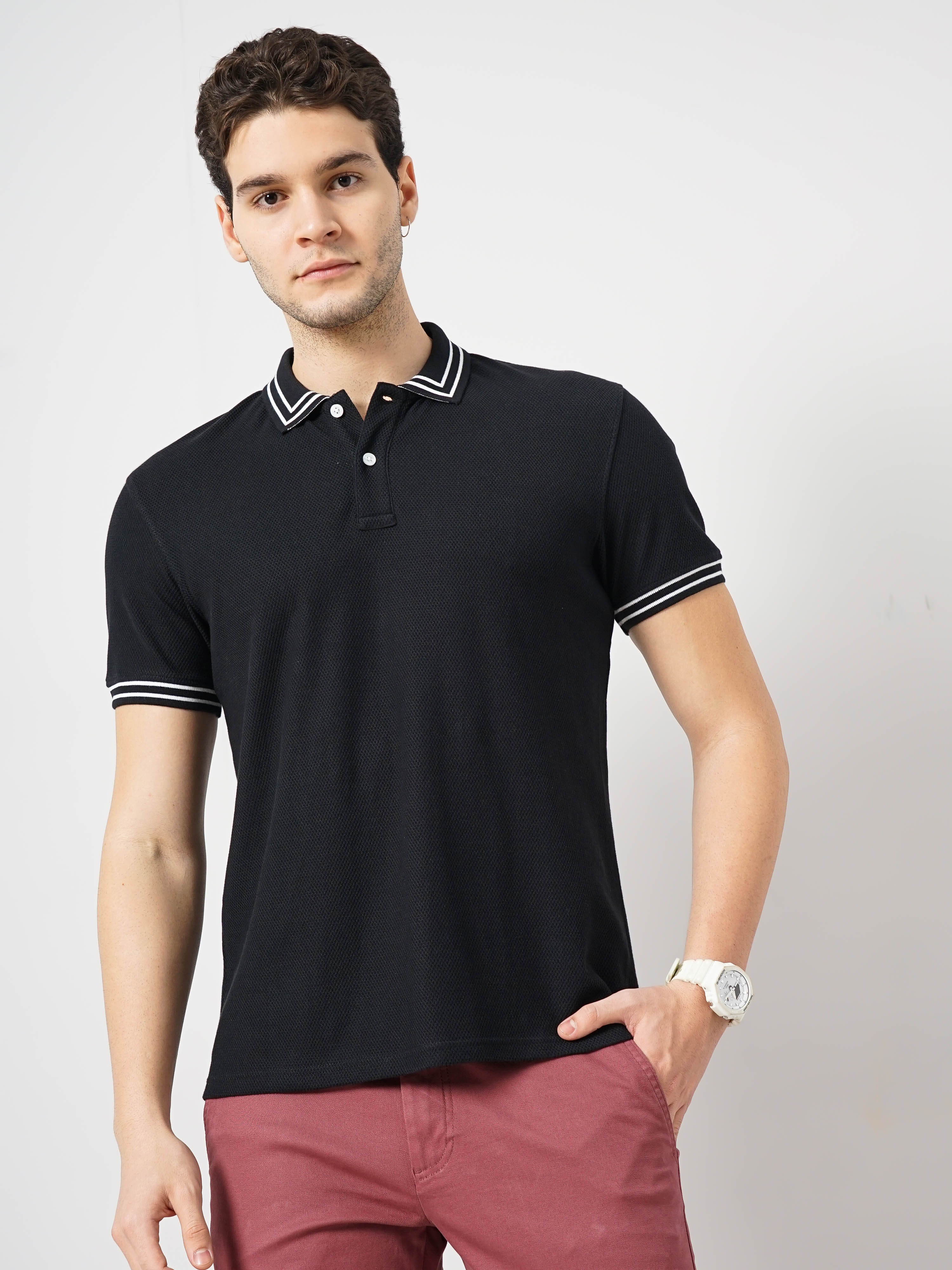 celio | Celio Men Black Solid Regular Fit Cotton Fashion Polo Tshirt