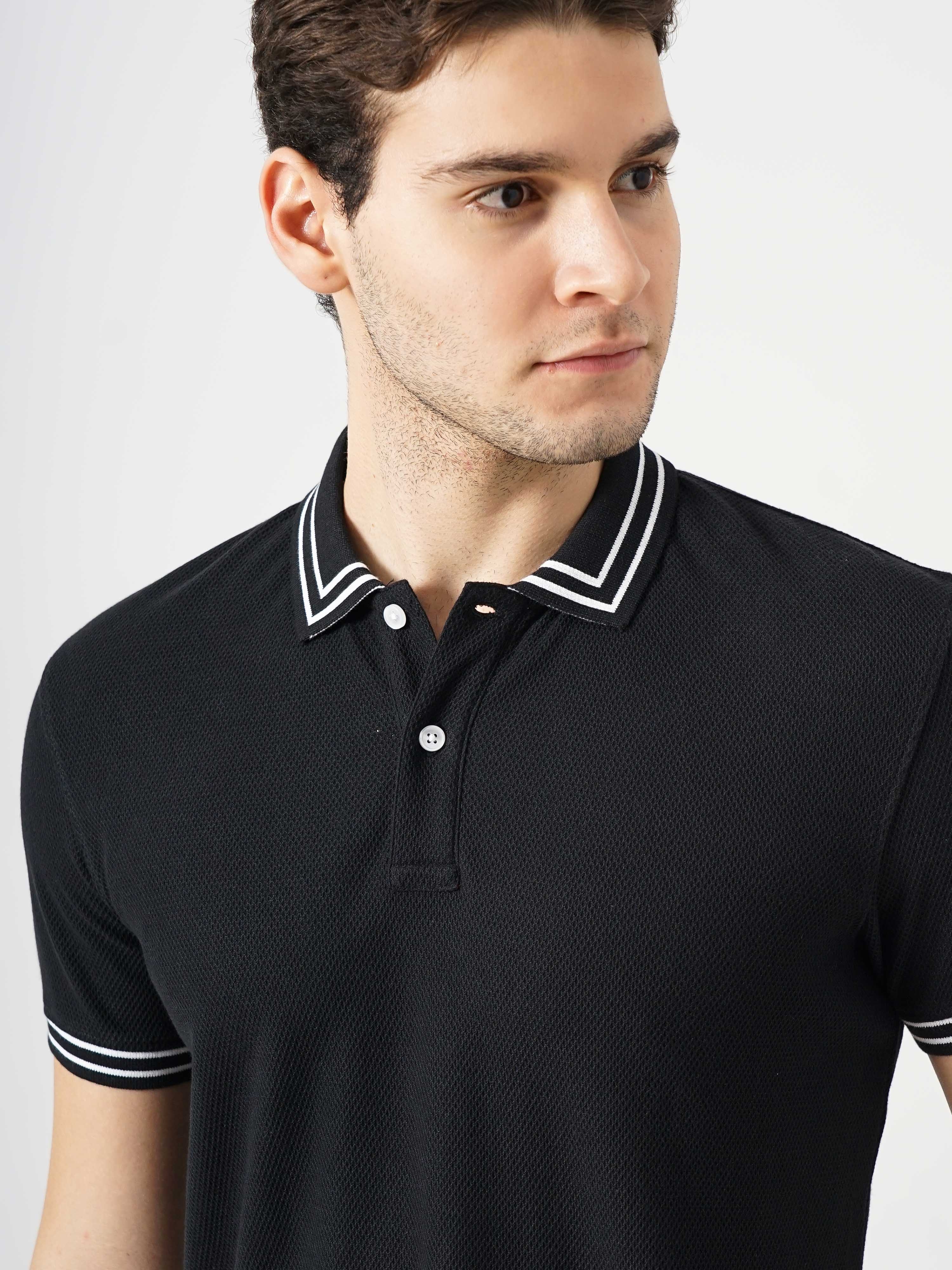 Celio Men Black Solid Regular Fit Cotton Fashion Polo Tshirt