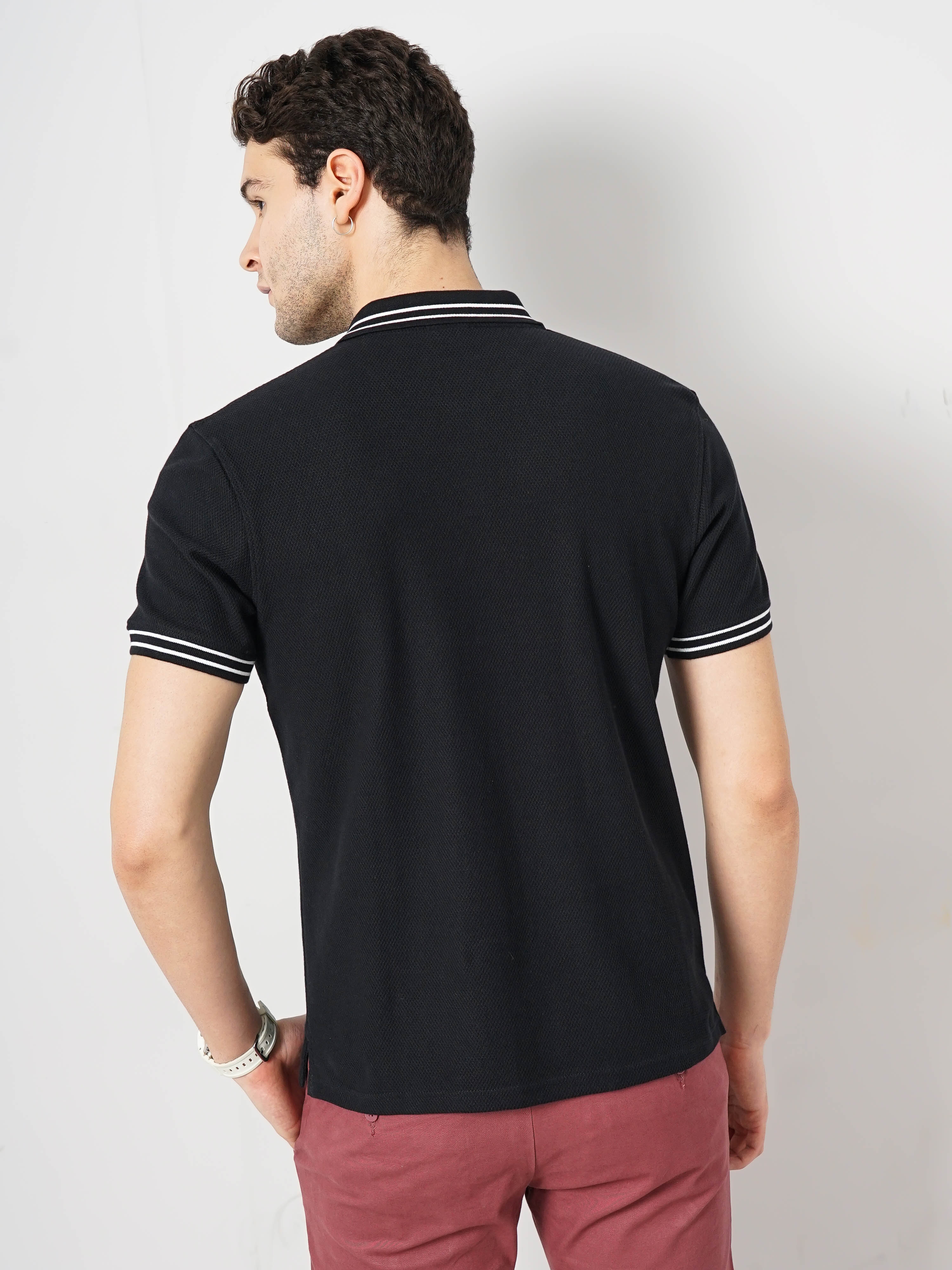 Celio Men Black Solid Regular Fit Cotton Fashion Polo Tshirt