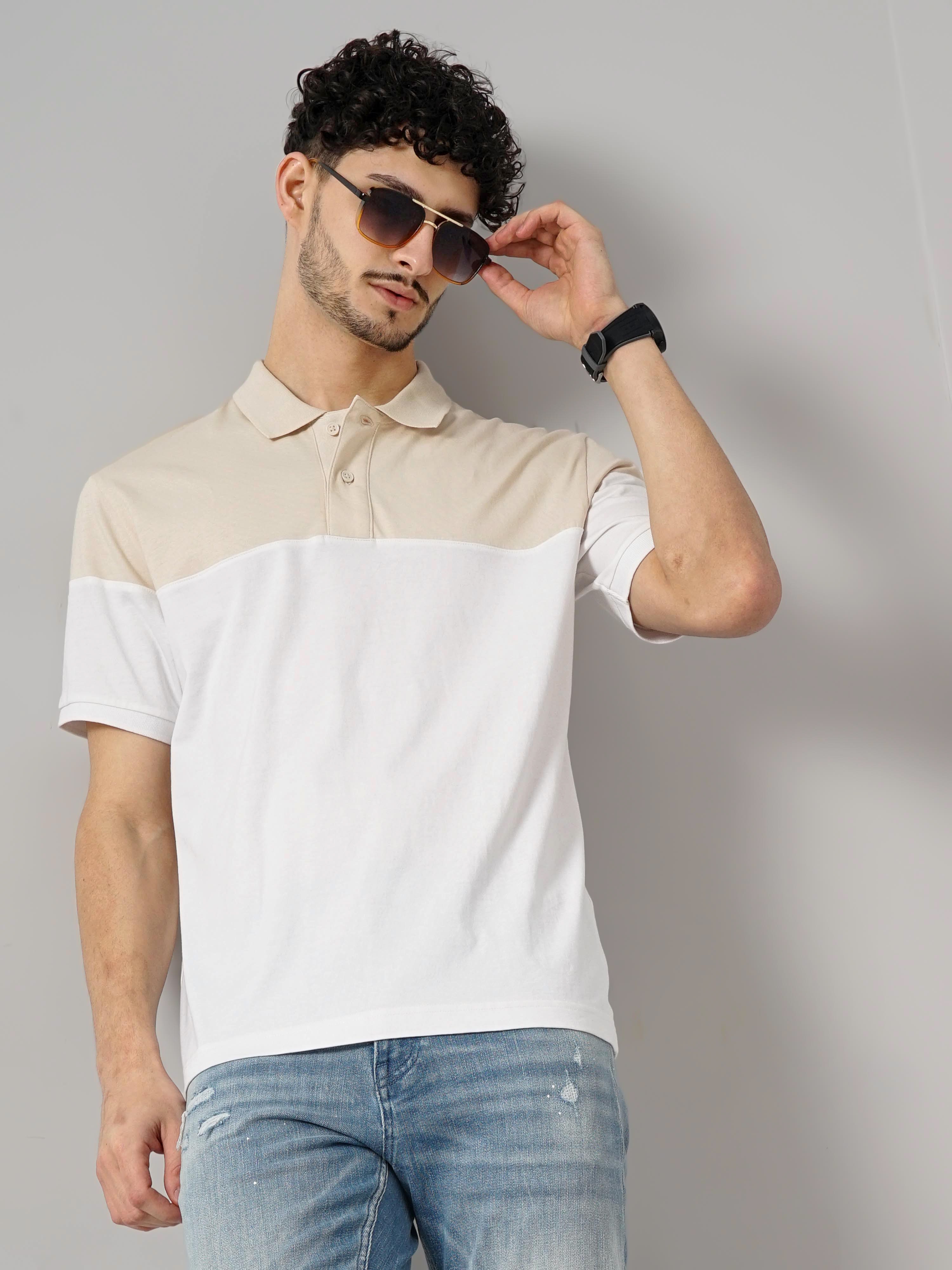 Celio Men Off White Colourblocked Regular Fit Cotton Fashion Polo Tshirt