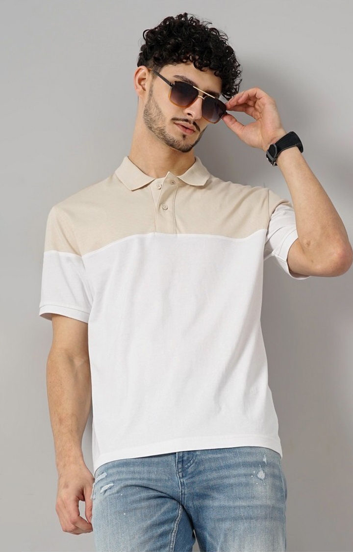 celio | Celio Men Off White Colourblocked Regular Fit Cotton Fashion Polo Tshirt