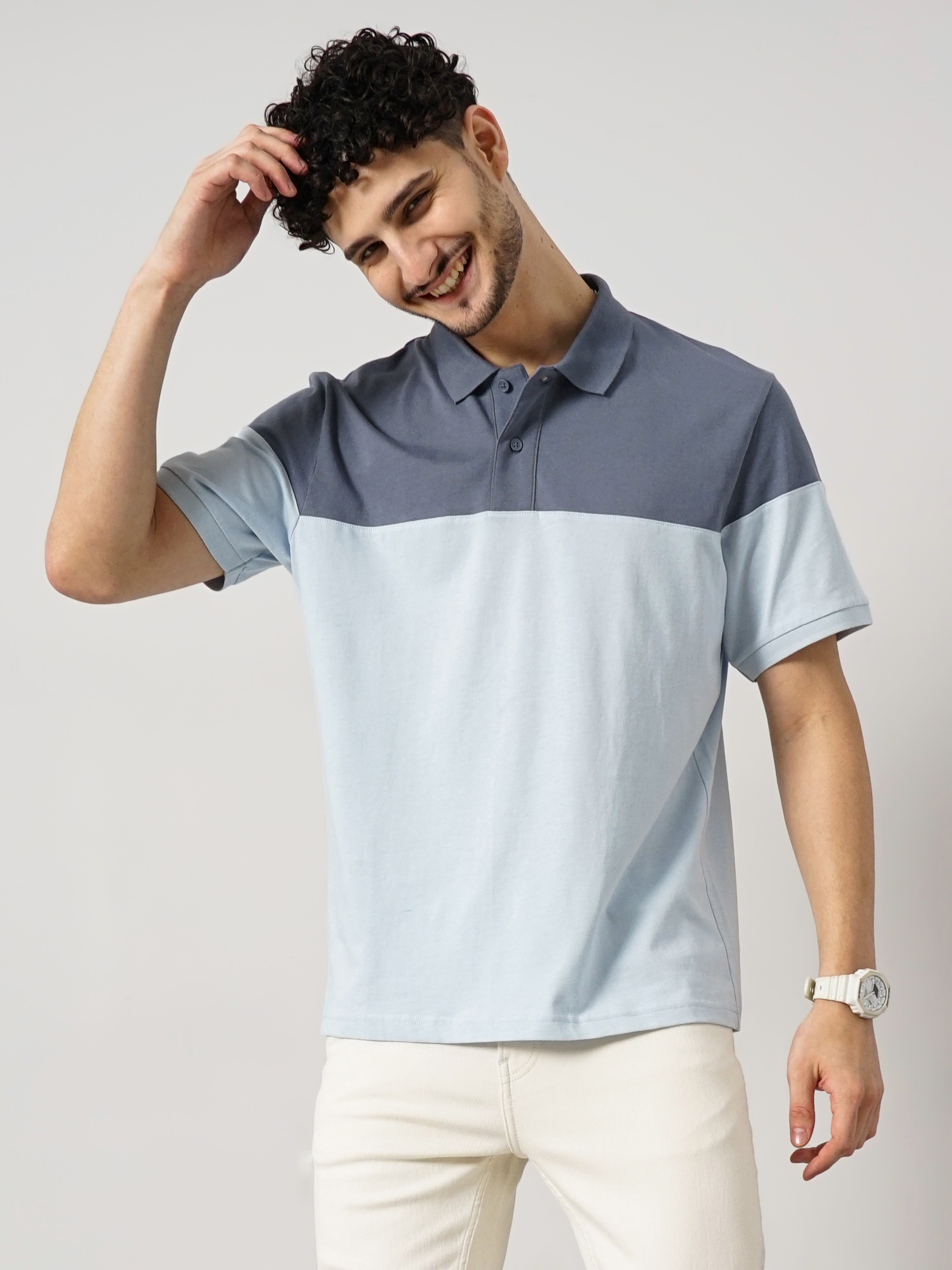 Celio Men Blue Colourblocked Regular Fit Cotton Fashion Polo Tshirt