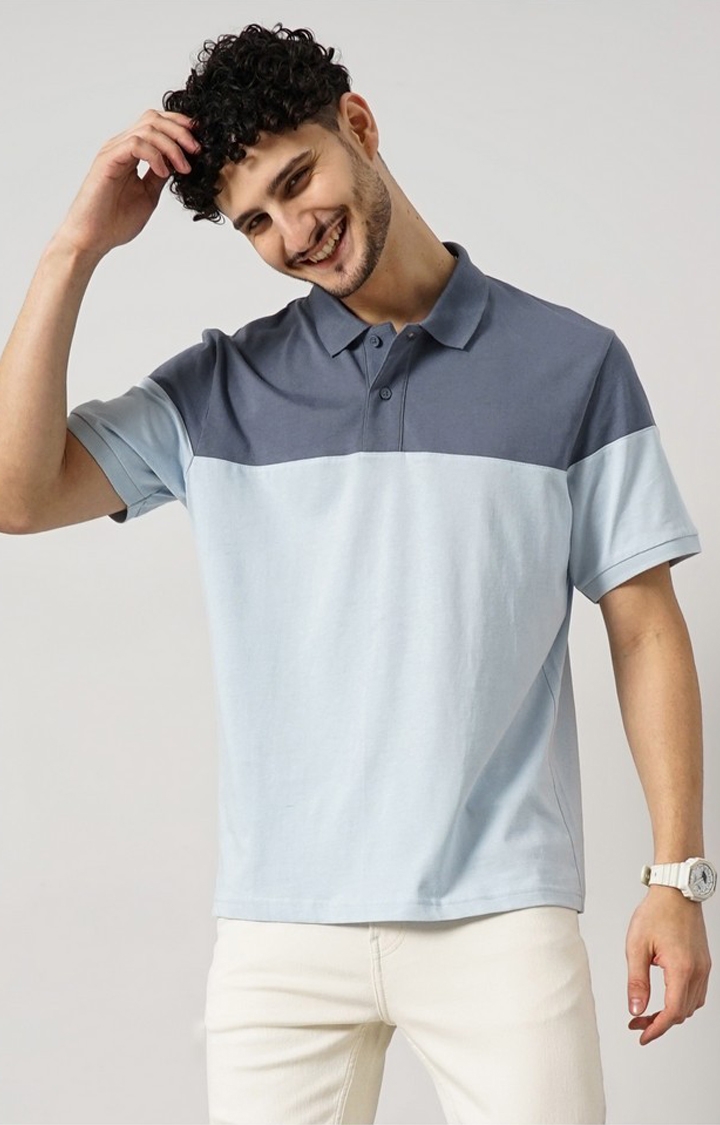 celio | Celio Men Blue Colourblocked Regular Fit Cotton Fashion Polo Tshirt