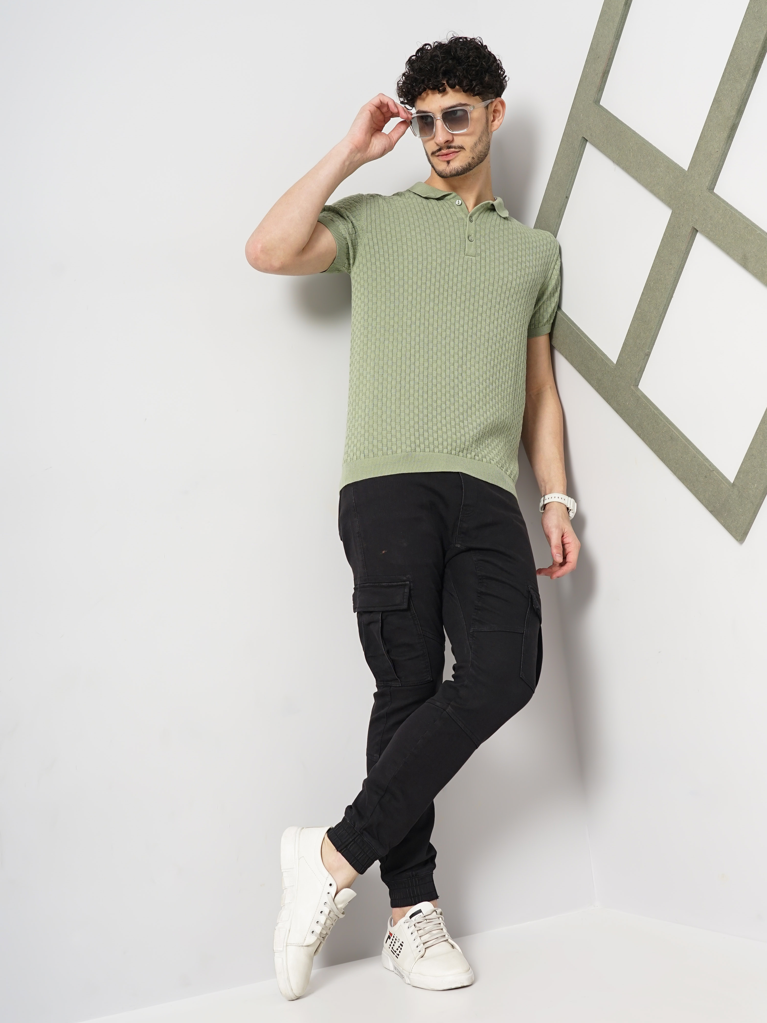 Celio Men Green Solid Regular Fit Cotton Flat Knit Polo Tshirt