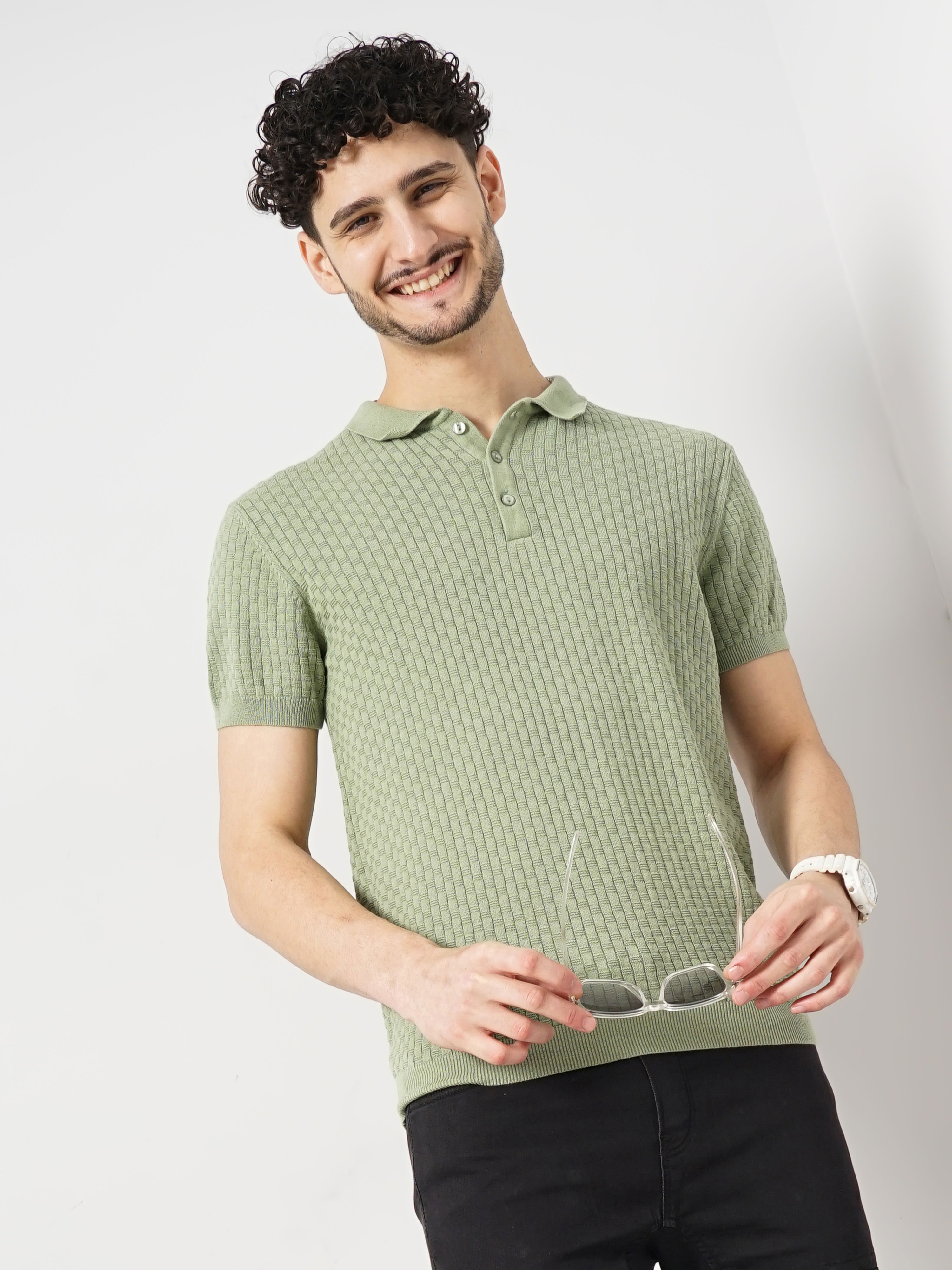 celio | Celio Men Green Solid Regular Fit Cotton Flat Knit Polo Tshirt