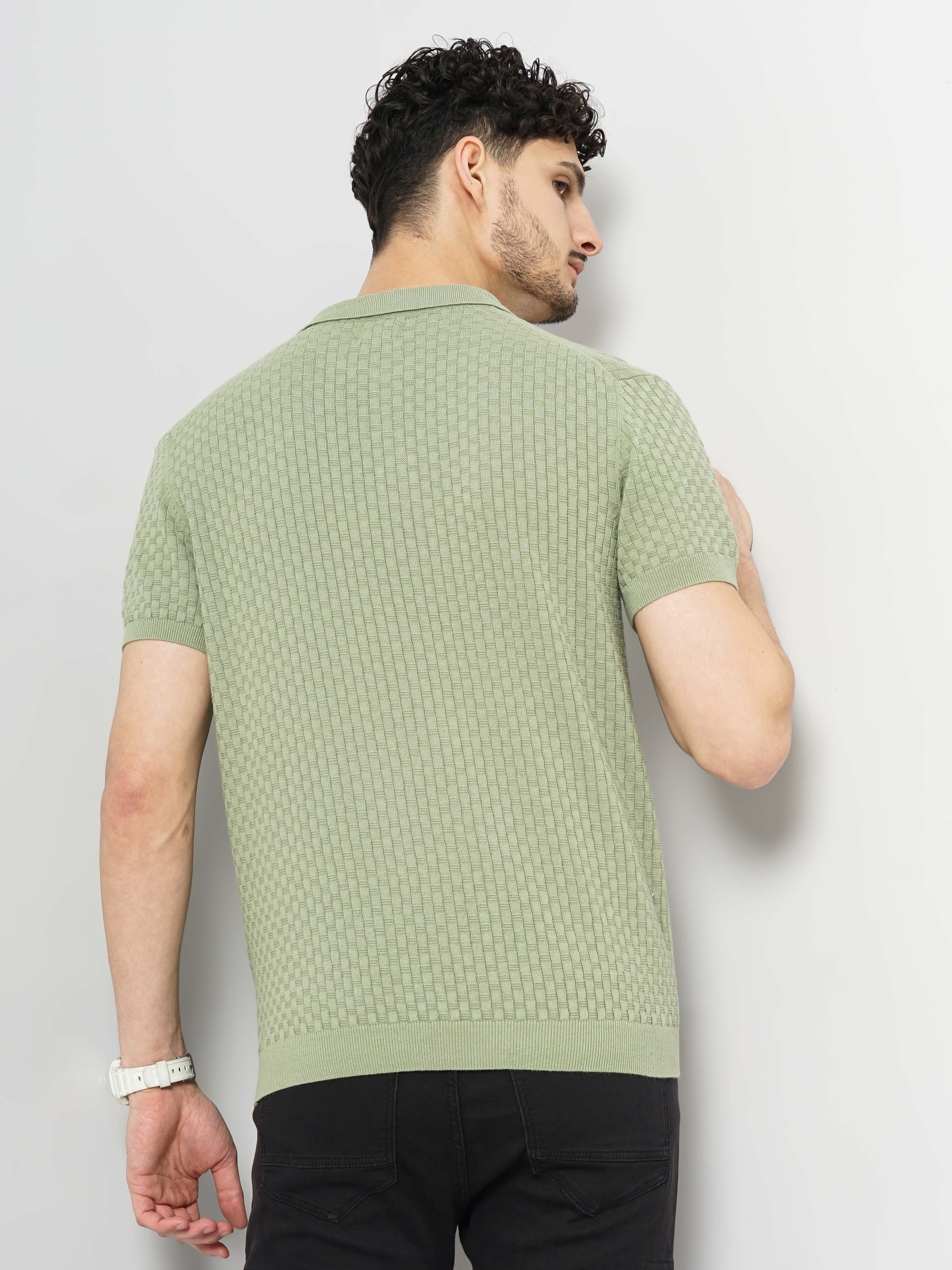 Celio Men Green Solid Regular Fit Cotton Flat Knit Polo Tshirt
