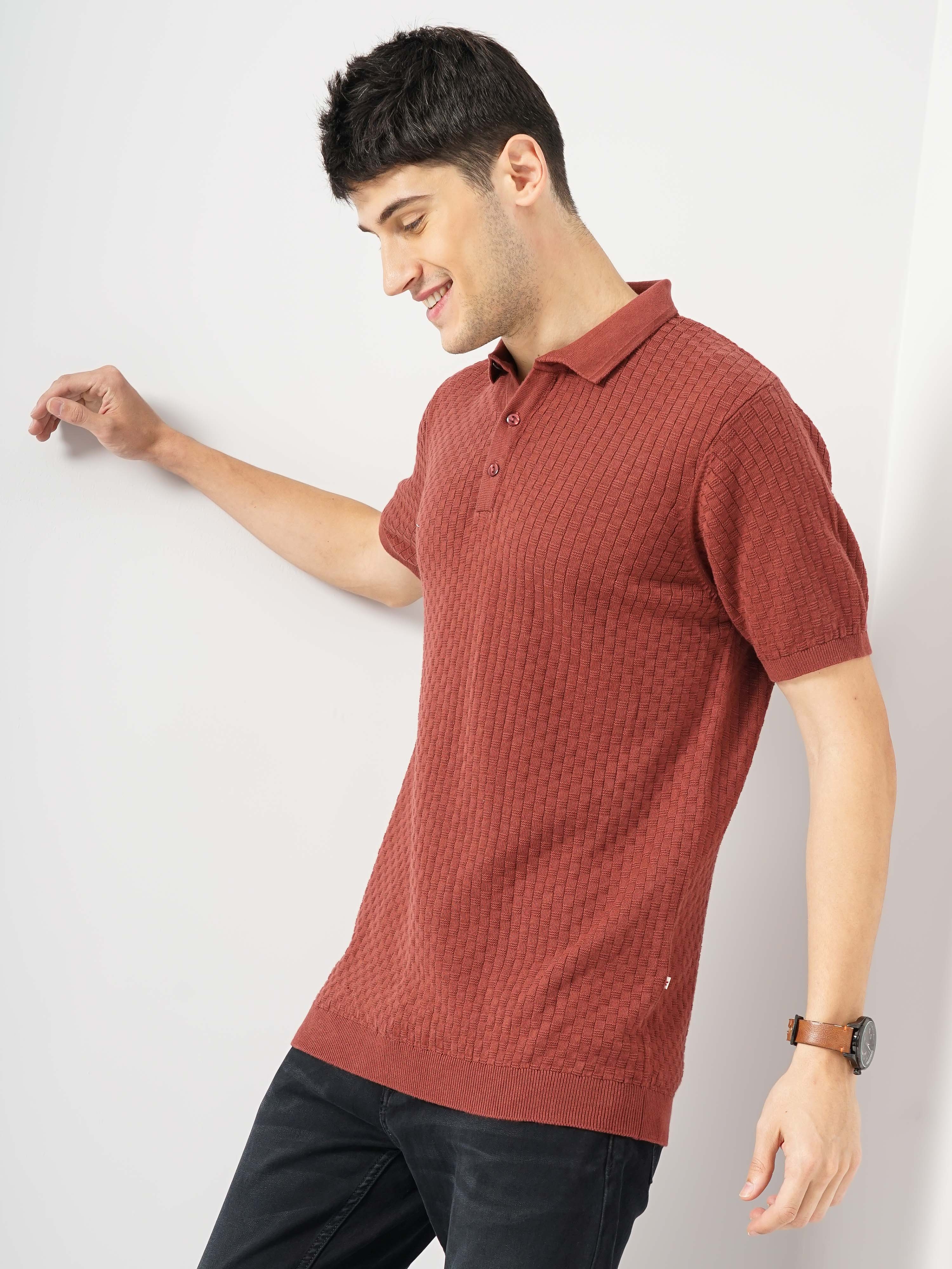 Celio Men Brown Solid Regular Fit Cotton Flat Knit T-Shirt