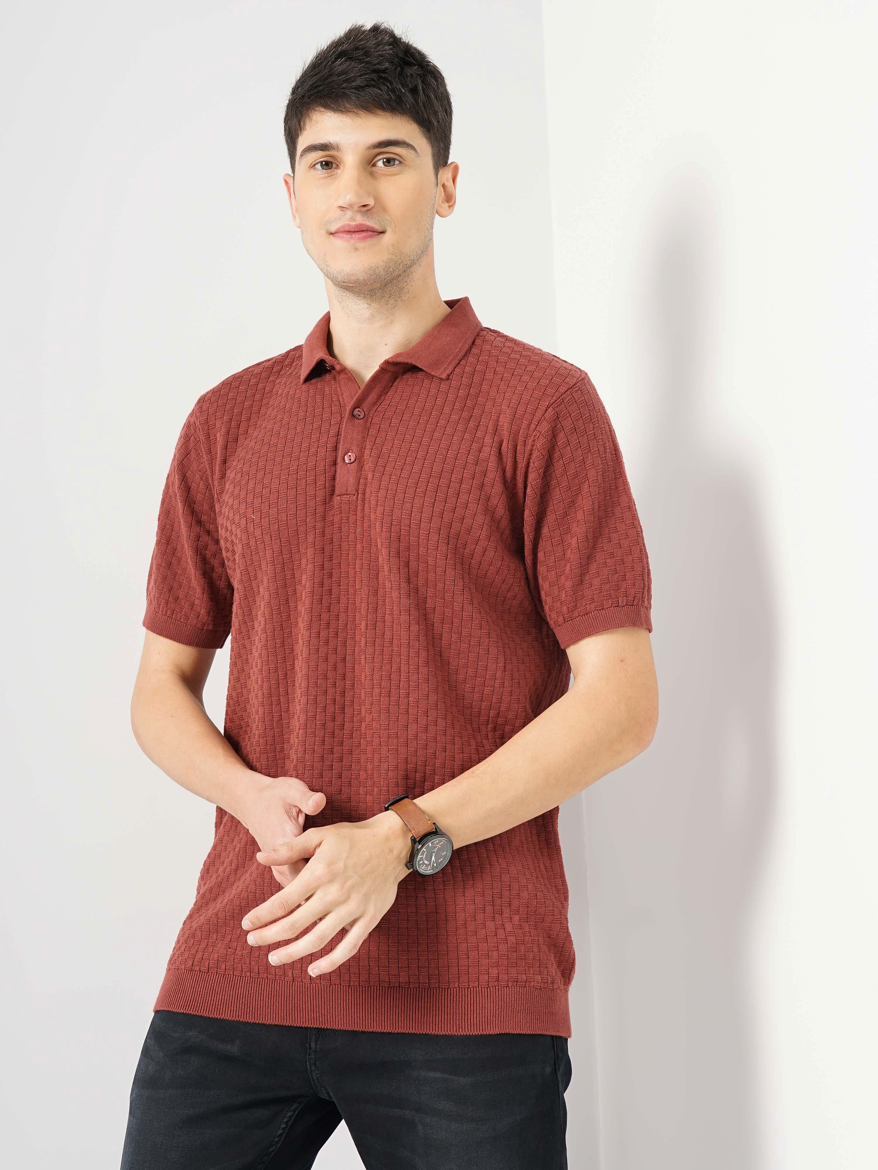 Celio Men Brown Solid Regular Fit Cotton Flat Knit T-Shirt