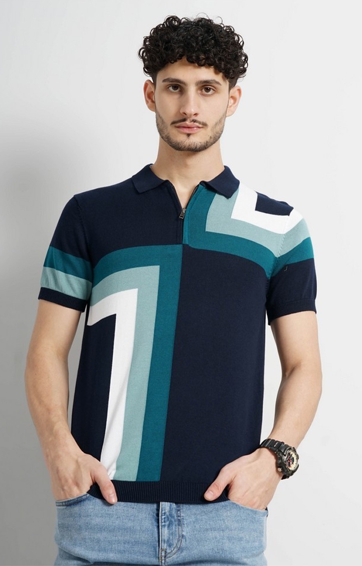 celio | Celio Men Navy Blue Colourblocked Regular Fit Cotton Flat Knit Polo Tshirt