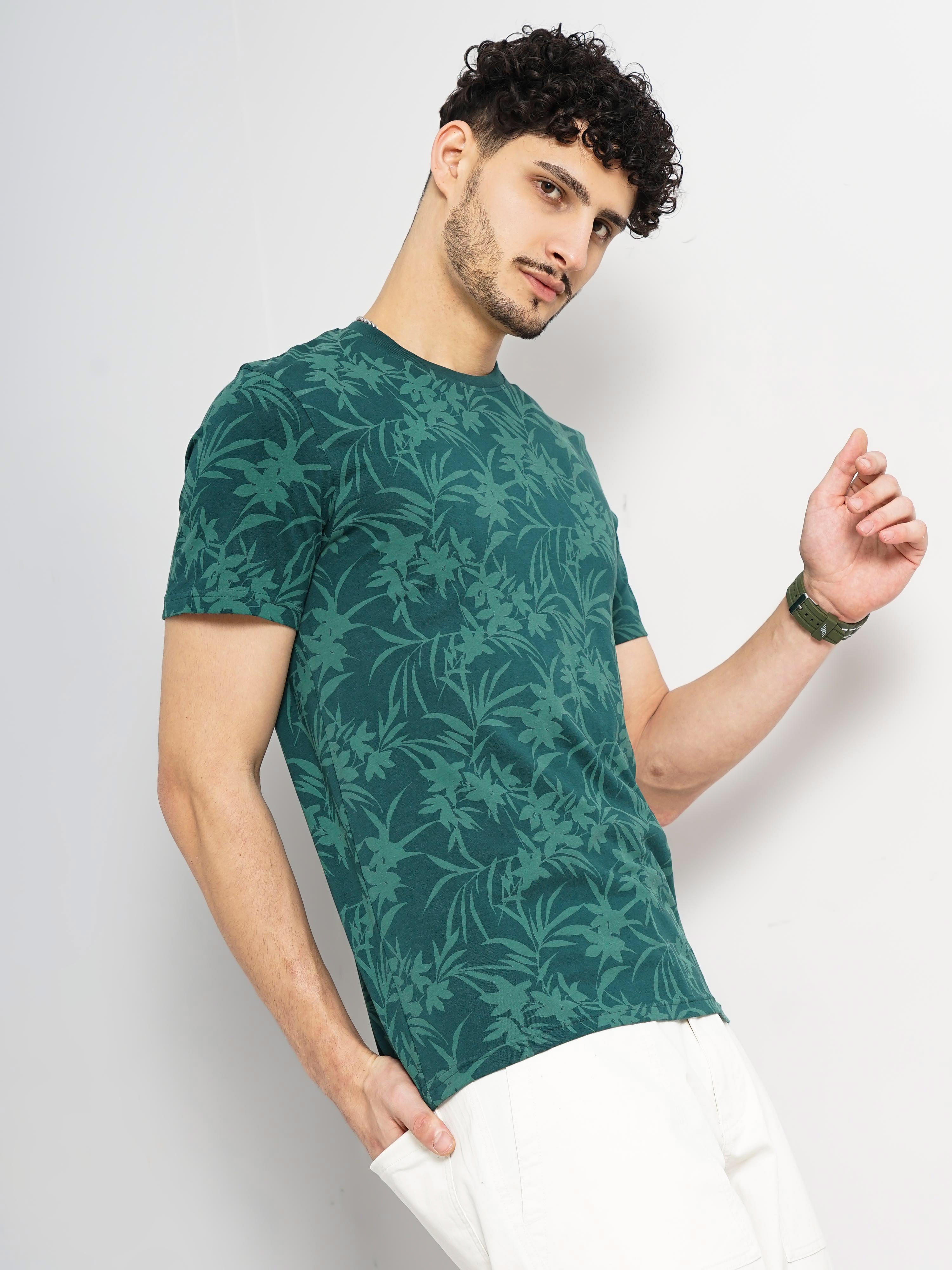 Celio Men Green Printed Regular Fit Cotton All Over Print Tshirt